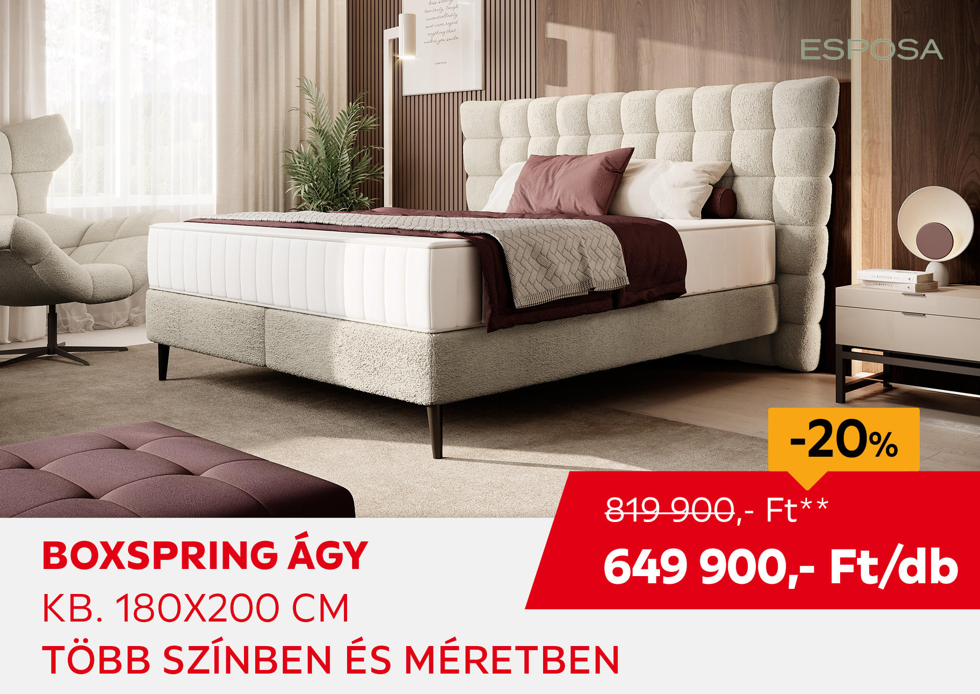 BOXSPRINGÁGY Kb. 180x200 cm Kiemelt termék 819900 Ft.- helyett 649900 Ft.-