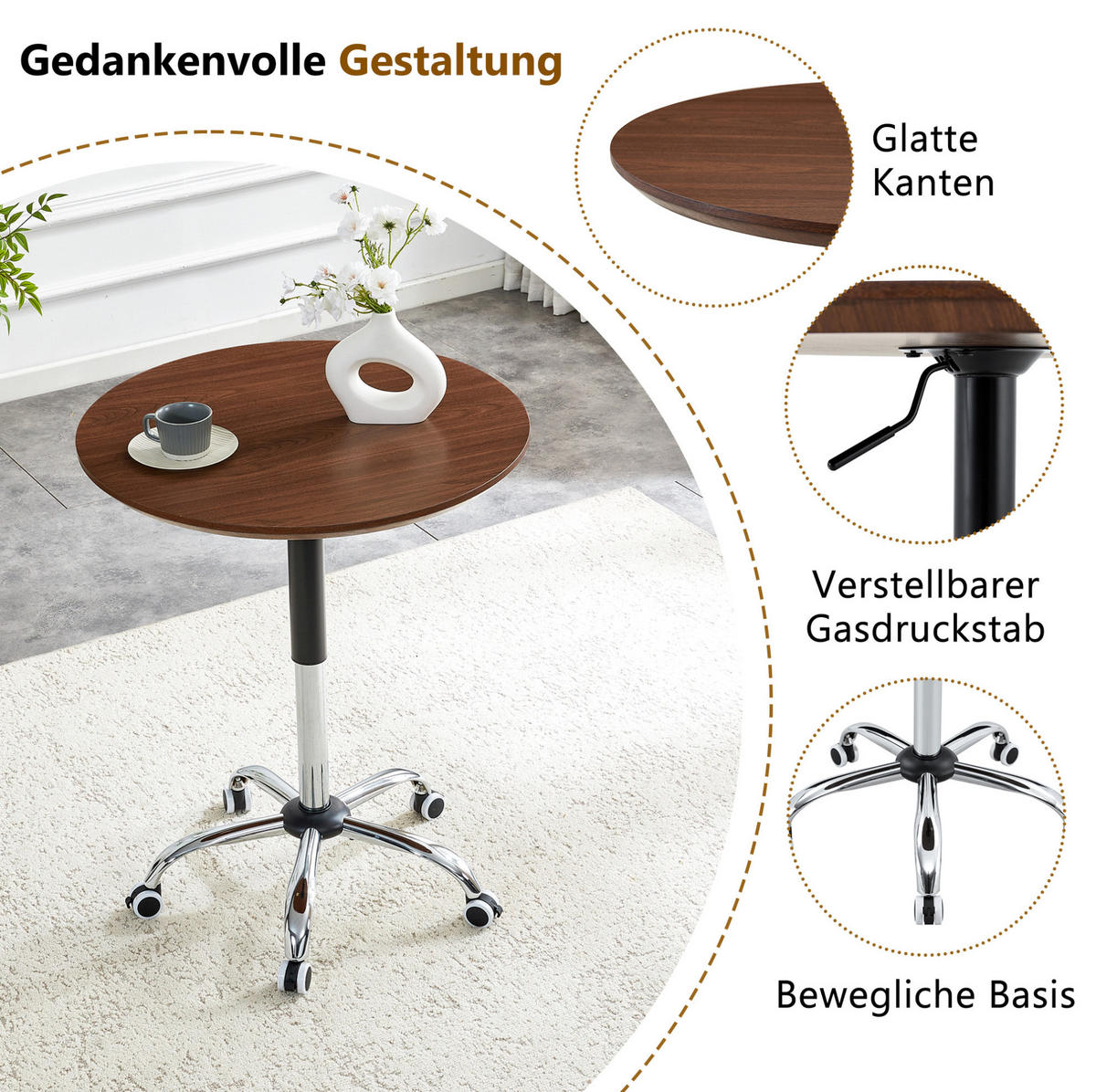 BEISTELLTISCH 70/70/73,5-98,5 cm höhenverstellbar mit Rollen und Bremse, MDF/Metall, Nussbaumfarben - Walnussfarben, Holzwerkstoff (70/70/73.5cm) - Redom