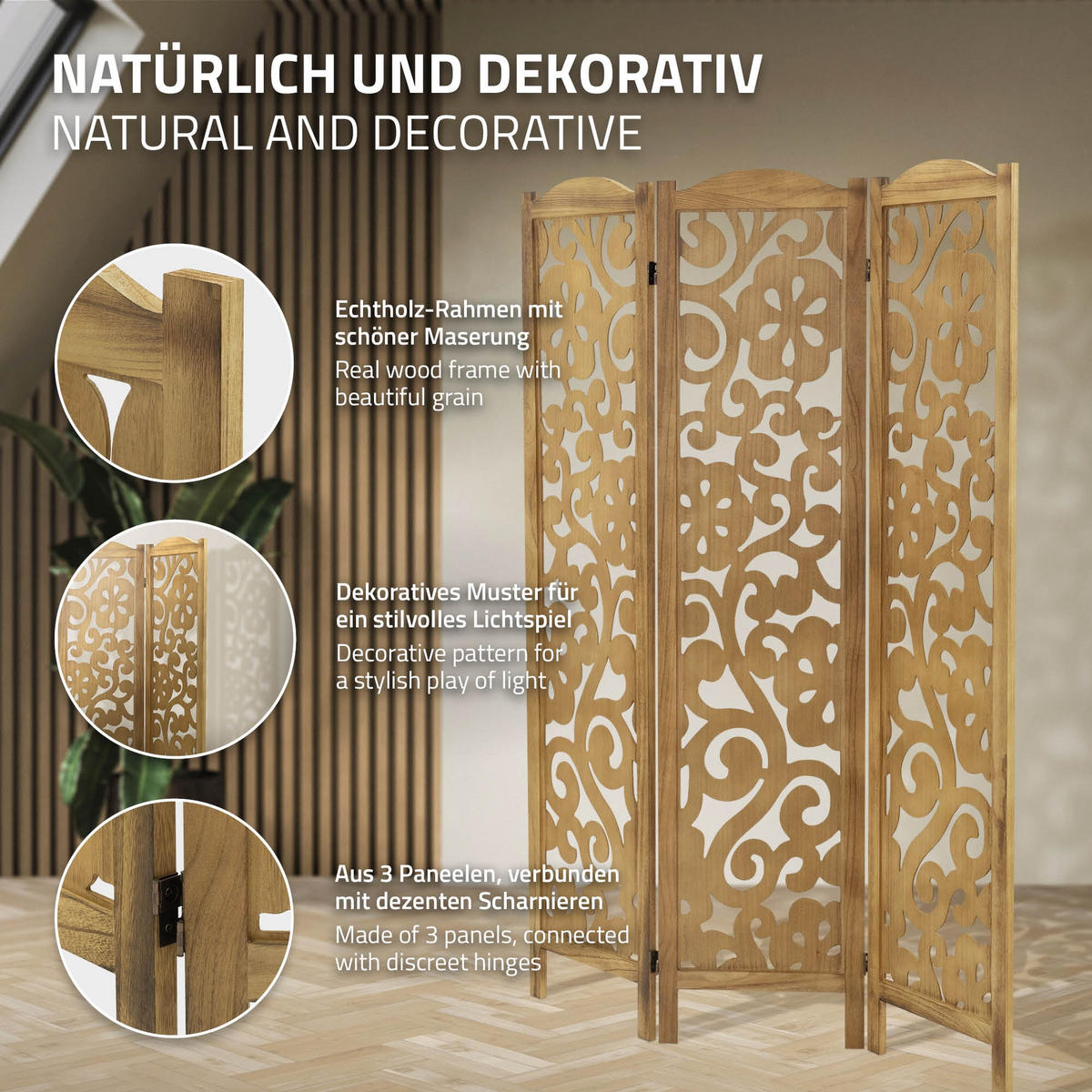 PARAVENT 3 teilig Yokohama 170x121 cm Natur aus Holz - Schwarz, Holz (121/172/2cm) - ML-DESIGN