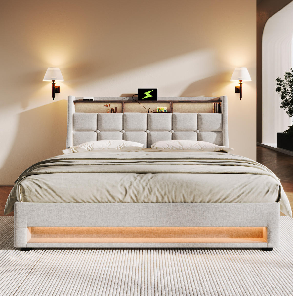 POLSTERBETT mit Stauraum, USB und LED 160x200 cm Leinen Beige - Beige, Metall (160/200cm) - Meubliv