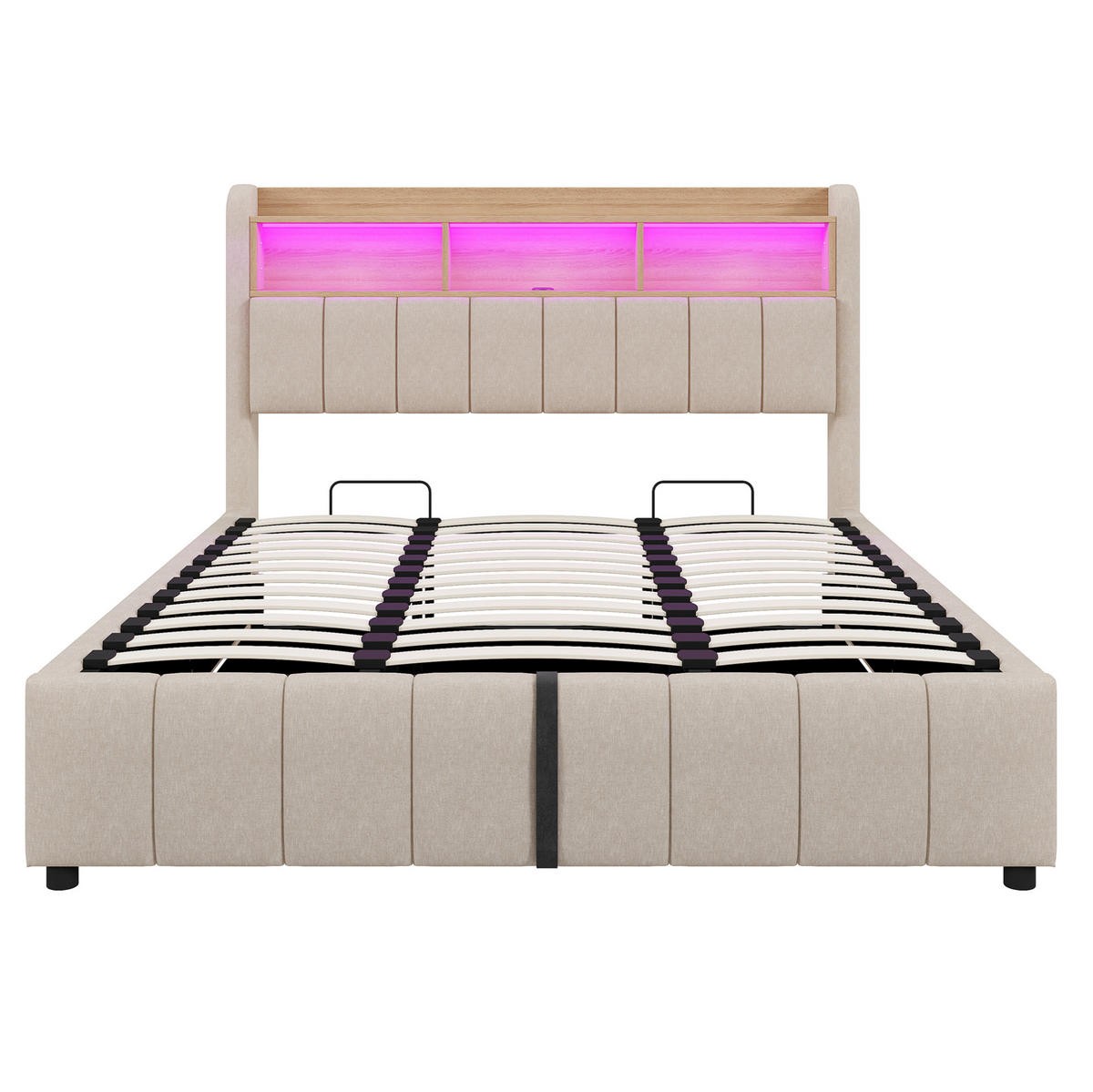 ČALÚNENÁ posteľ z ľanovej látky 180x200 cm béžová s LED osvetlením, USB-C a hydraulickým úložným priestorom - béžová, textil (180/200cm) - Modfu