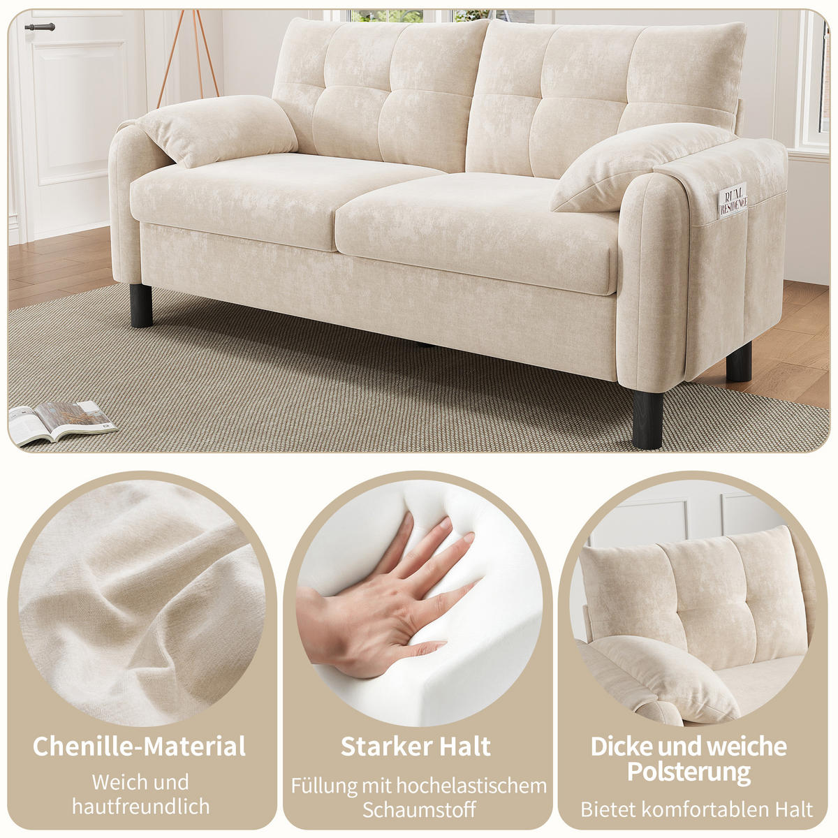 2-SITZER Sofa Chenille mit Seitentaschen und 2 Kissen 158/80/88,5 cm Beige - Beige, Textil (80/88.5/158cm) - Redom