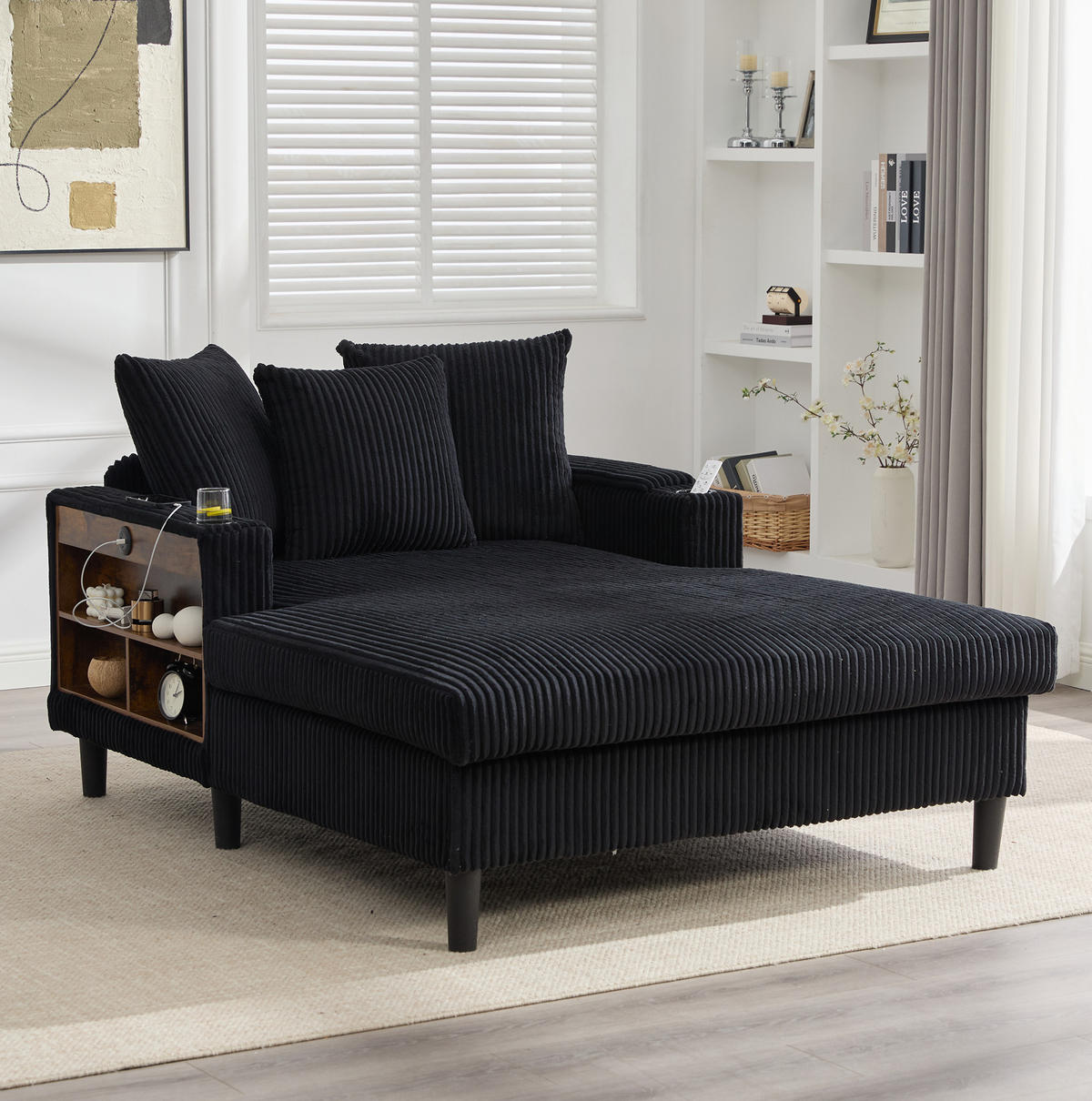CHAISELONGUE mit LED, USB und Stauraum 129 x 170 x 70 cm Cord Black - Schwarz, Holz (170/70/129cm) - Meubliv