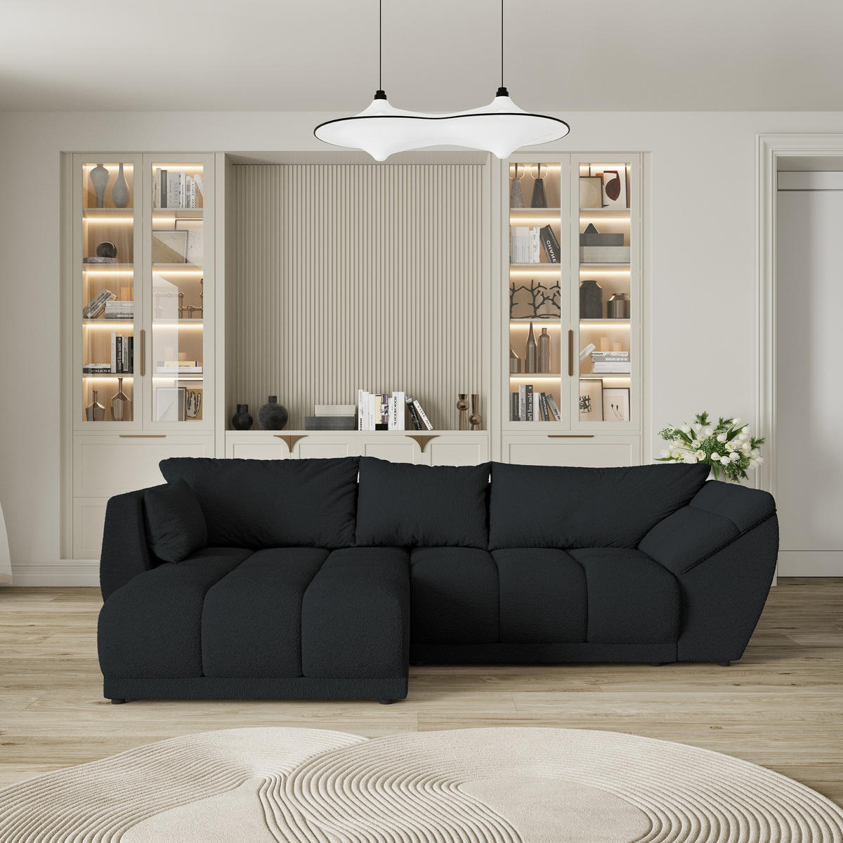 ECKSOFA ORENTI L-S Schwarz Boucle-Stoff mit Schlaffunktion - Schwarz, Holz (287/182cm) - MASSENO