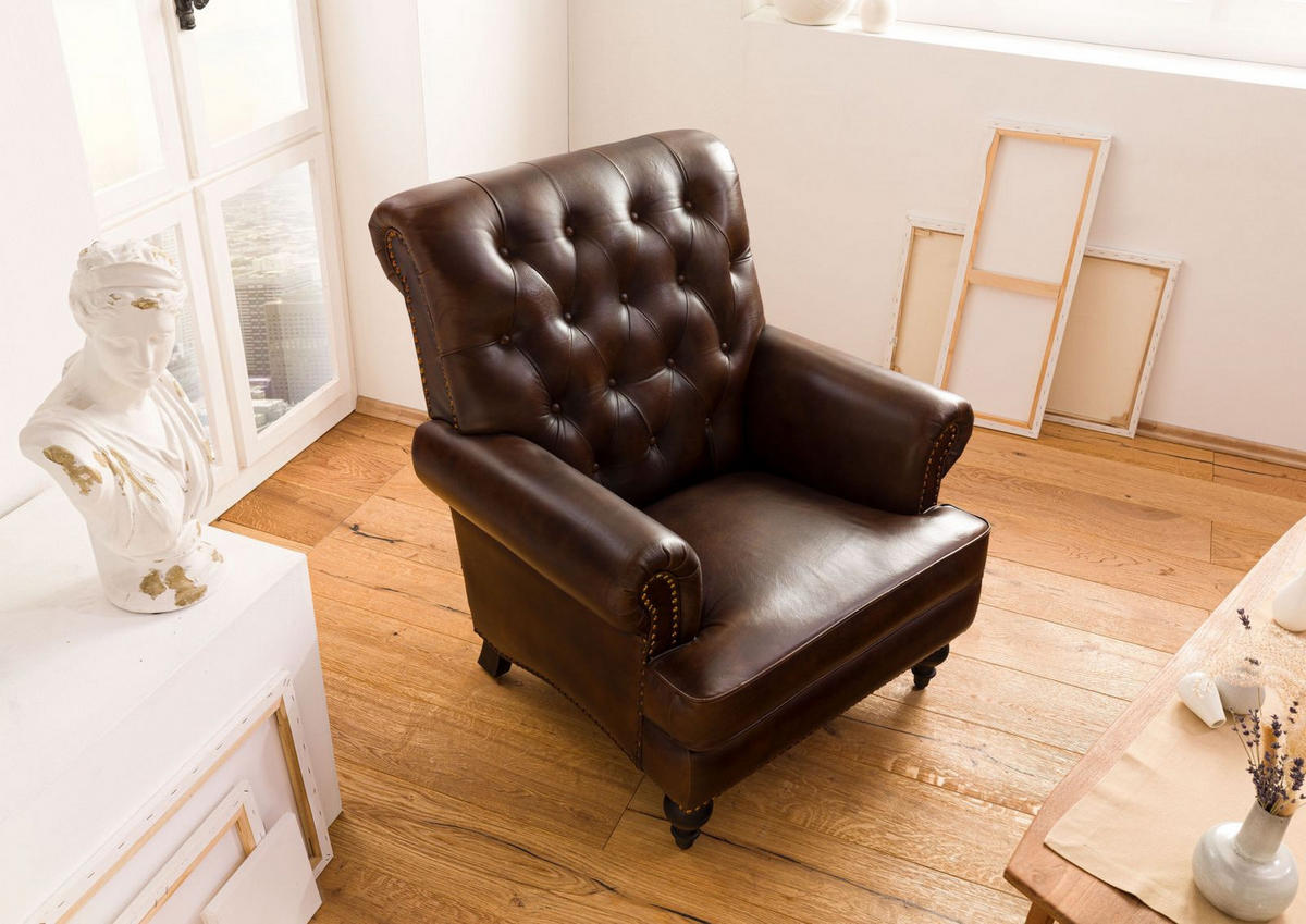SESSEL Echtleder 84x84x94 braun CHESTERFIELD #105 - Braun, Leder (84/94/84cm) - Massivmoebel24