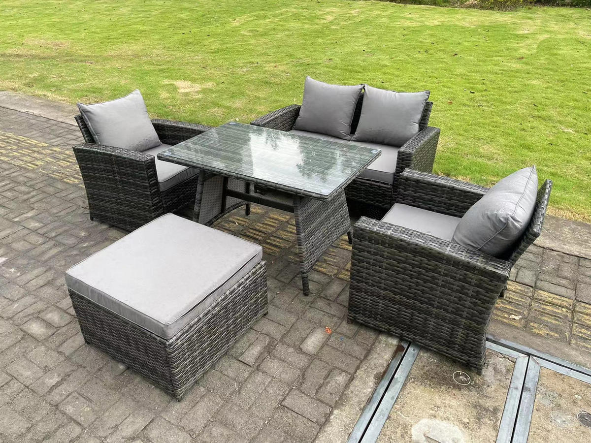 GARTENTISCHGRUPPE Polyrattan 5-Sitzer - Dunkelgrau/Grau, Glas/Kunststoff - Fimous