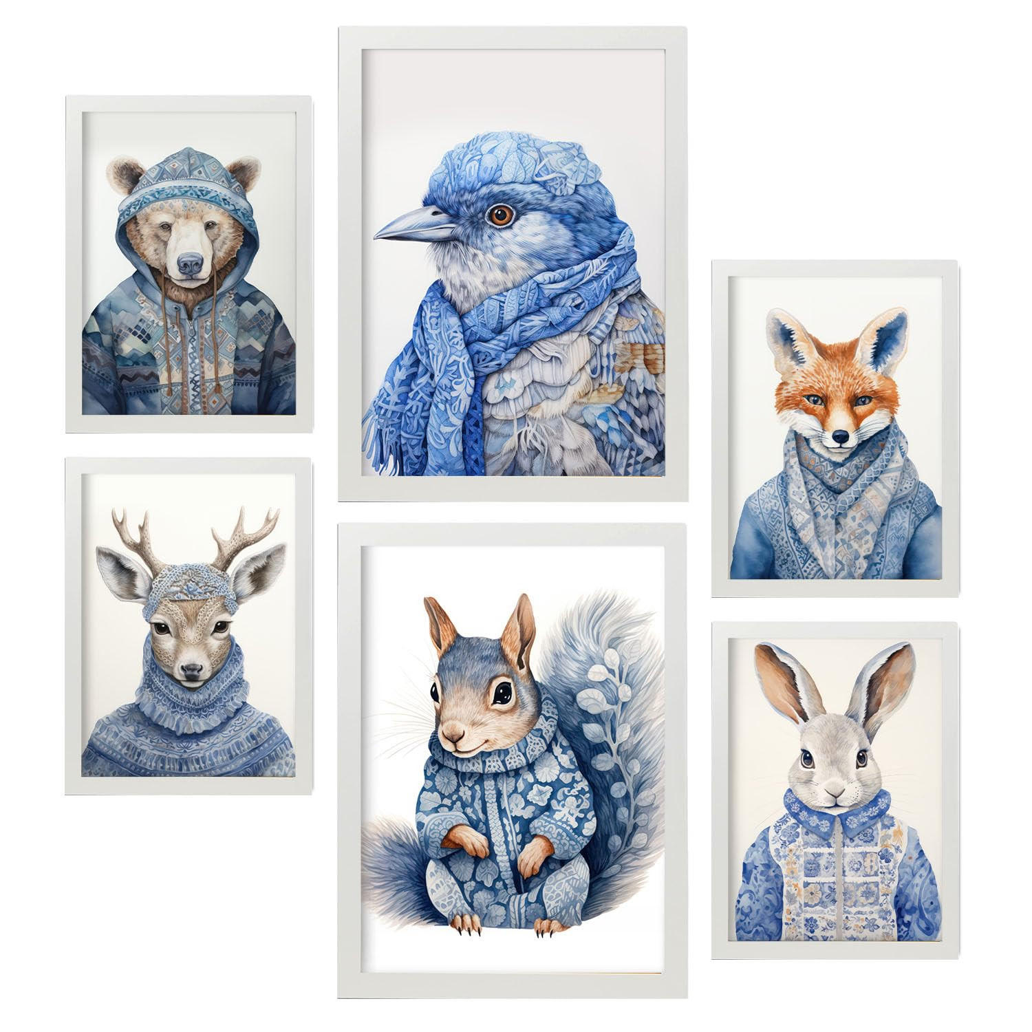 POSTER Set Mit 6 Tiere In Winterkleidung A3 & A4 Weißer Rahmen - Weiß, Papier (29/3cm) - Nacnic