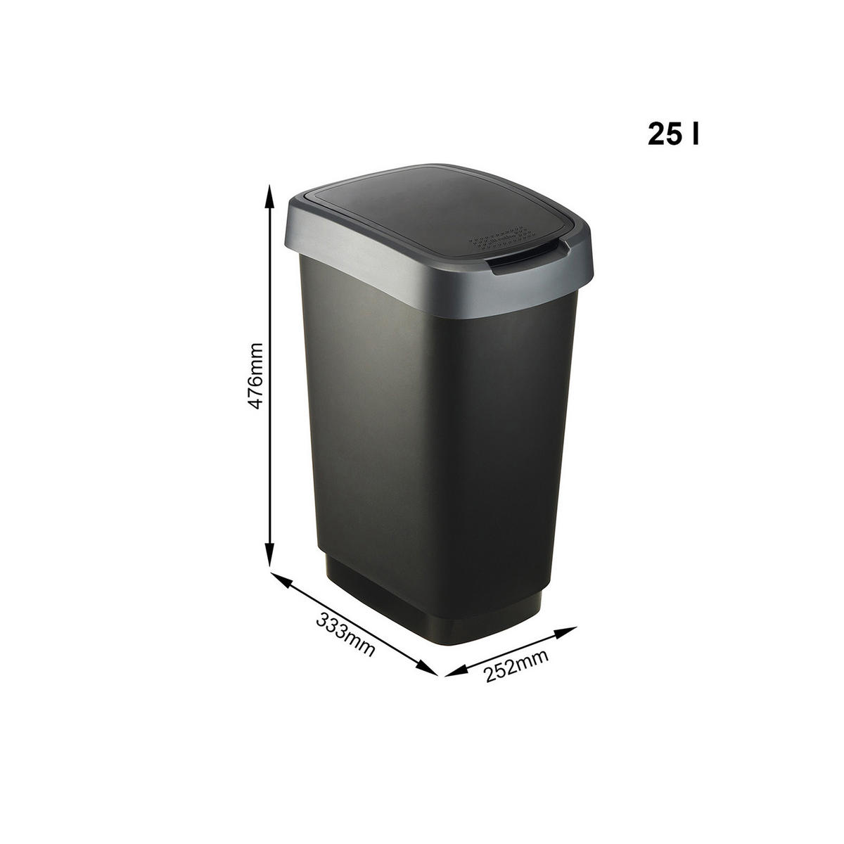 MÜLLEIMER 25 Liter 47,6x25x33 cm Kunststoff Schwarz-Silber - Schwarz, Kunststoff (25.2/47.6/33.3cm) - PROREGAL