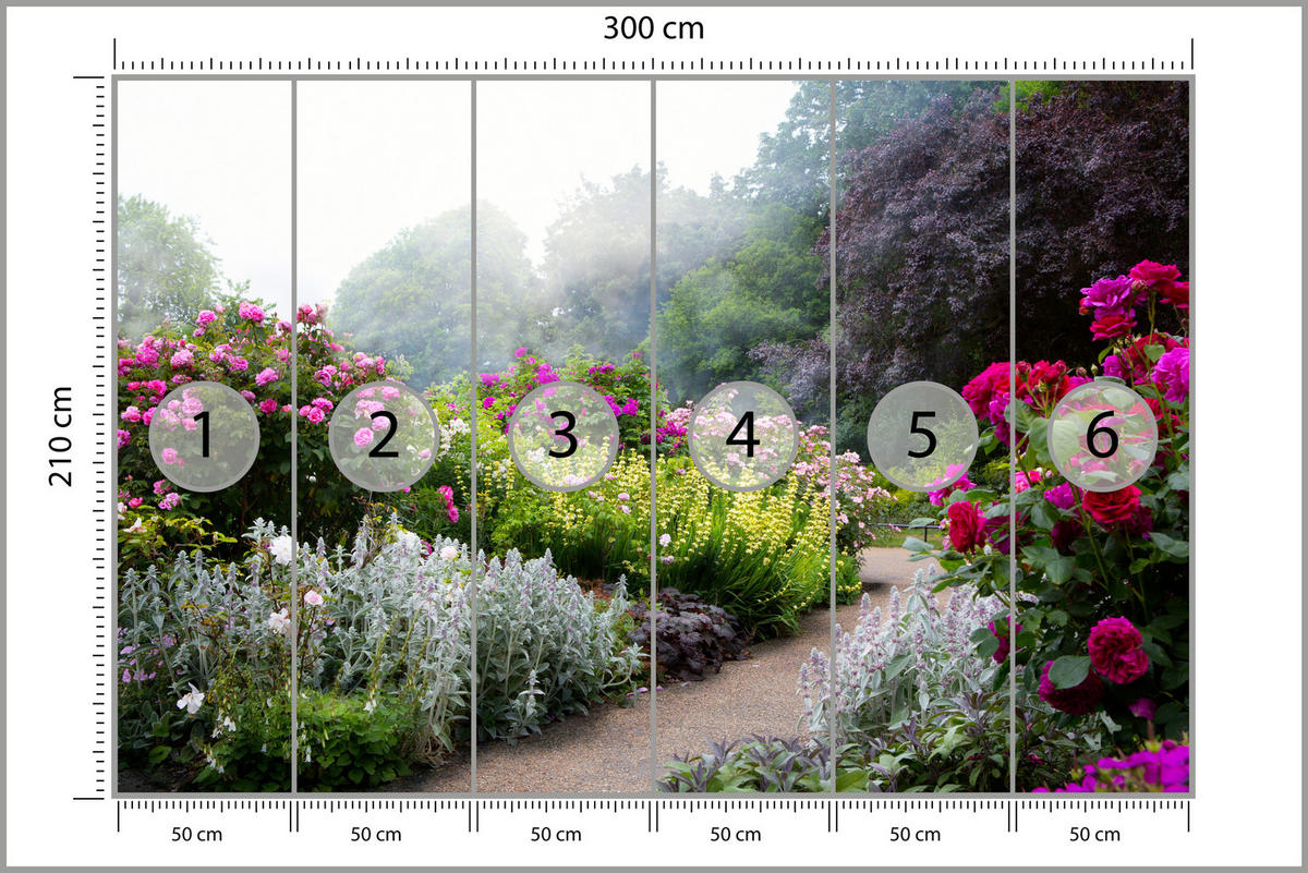 FOTOTAPETE für Schlafzimmer Bunte Blumen Waldweg Rosen Bäume 300x210 - Gelb/Violett, Papier (300/210cm) - Muralo