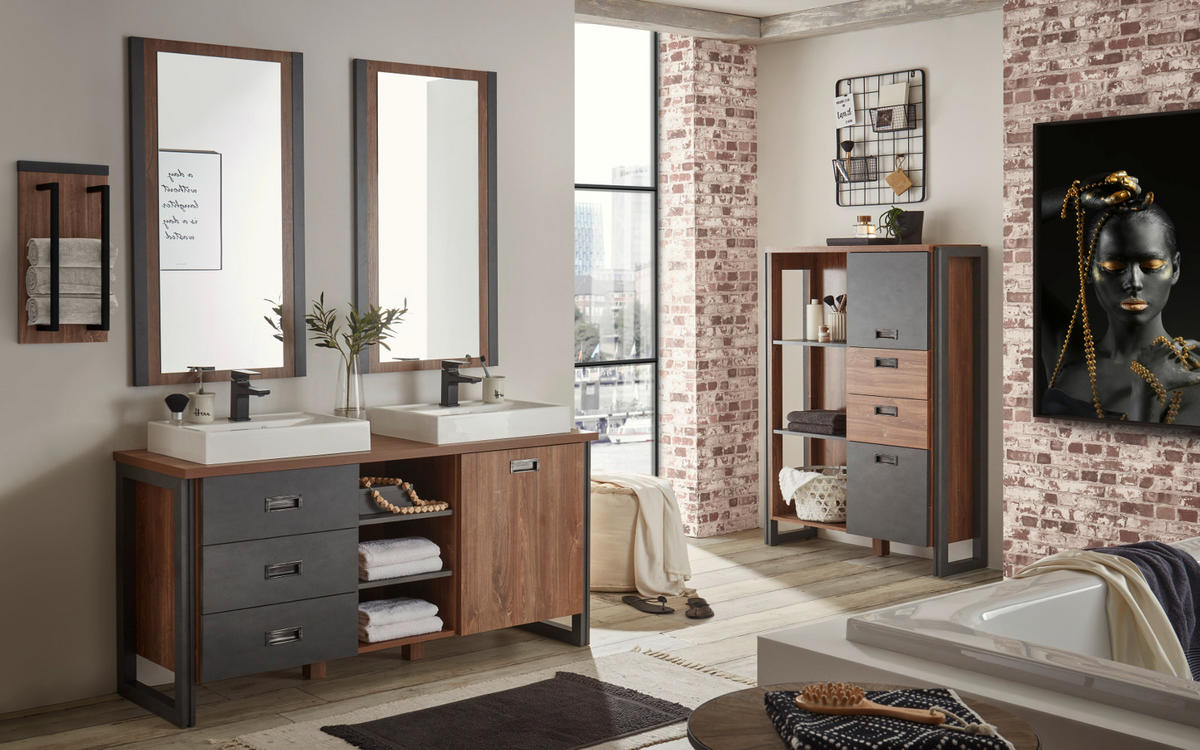 BADMÖBEL-SET 6-teilig Eiche Stirling, Matera grau, Doppelwaschtisch inkl. 2 x Waschbecken 248 x 205 cm Badkombination - Eichefarben/Grau, Holzwerkstoff (248/205/40cm) - Furn.Design