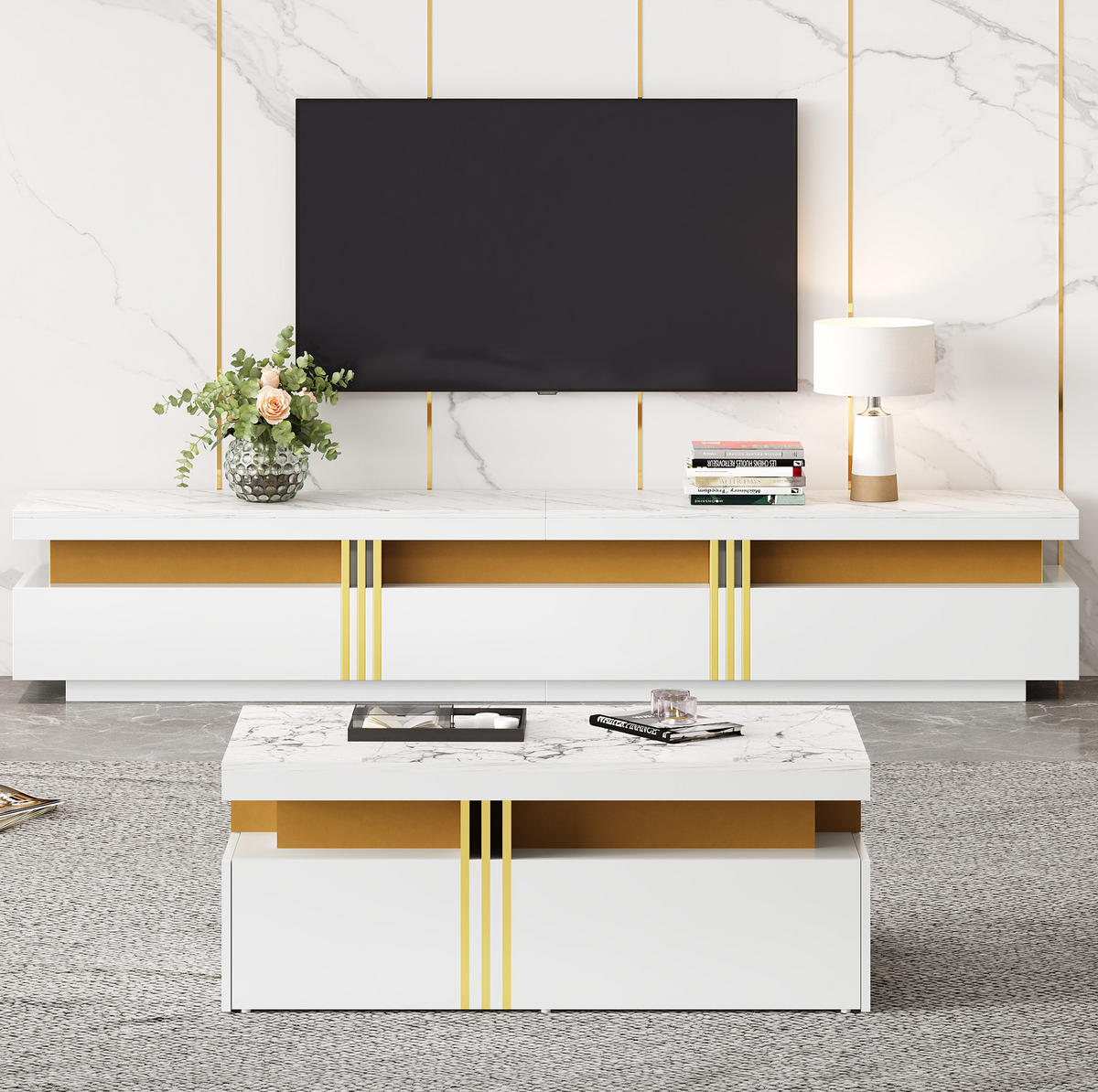 TV-ELEMENT-SET Weiß mit Marmor-Optik, Lowboard 200/40/42 cm und Couchtisch - Weiß, Holzwerkstoff (200/42/40cm) - Flora Grace