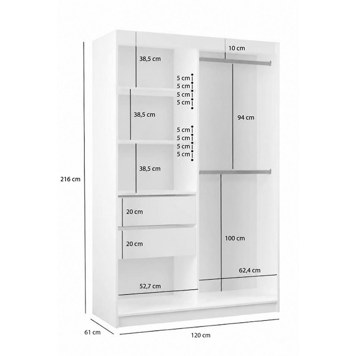 KLEIDERSCHRANK Gloria 120 cm Graphit Spiegel 2 Schubl. Griffe silber - Graphitfarben, Holzwerkstoff (120/216/61cm) - KS Home Concept