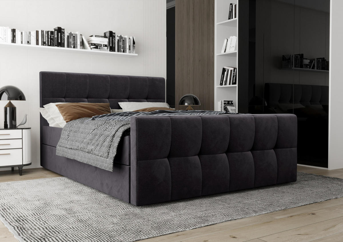 BOXBETT Settlio 160/200 cm in Grau – mit Bettkasten und Fußteil - Schwarz/Grau, Holz/Holzwerkstoff (160/200cm) - AX Living