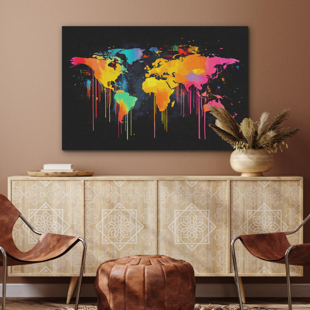 AKUSTIKBILD Weltkarte - Farbe - Bunt - Graffiti - Welt Wandbild Wohnzimmer 100x70 cm - Multicolor, Textil (100/70/0.9cm) - MuchoWow