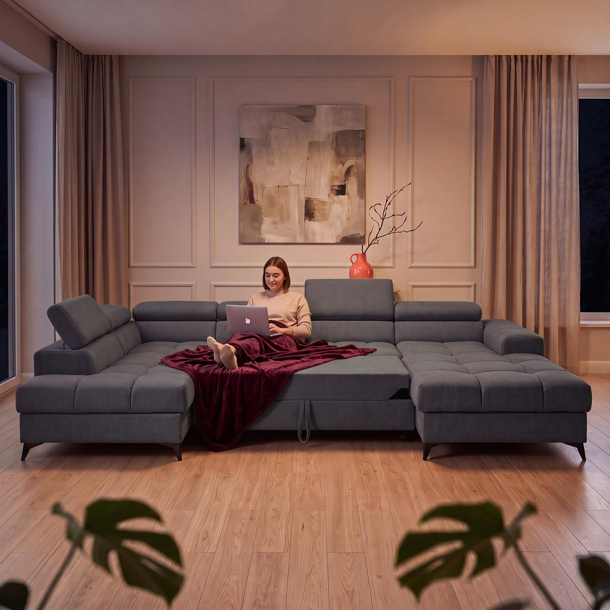 ECKSOFA PUDDING U Rechts mit Schlaffunktion 125x260 Velours Dunkelgrau - Dunkelgrau/Schwarz, Holz/Textil (350/203cm) - Muffo