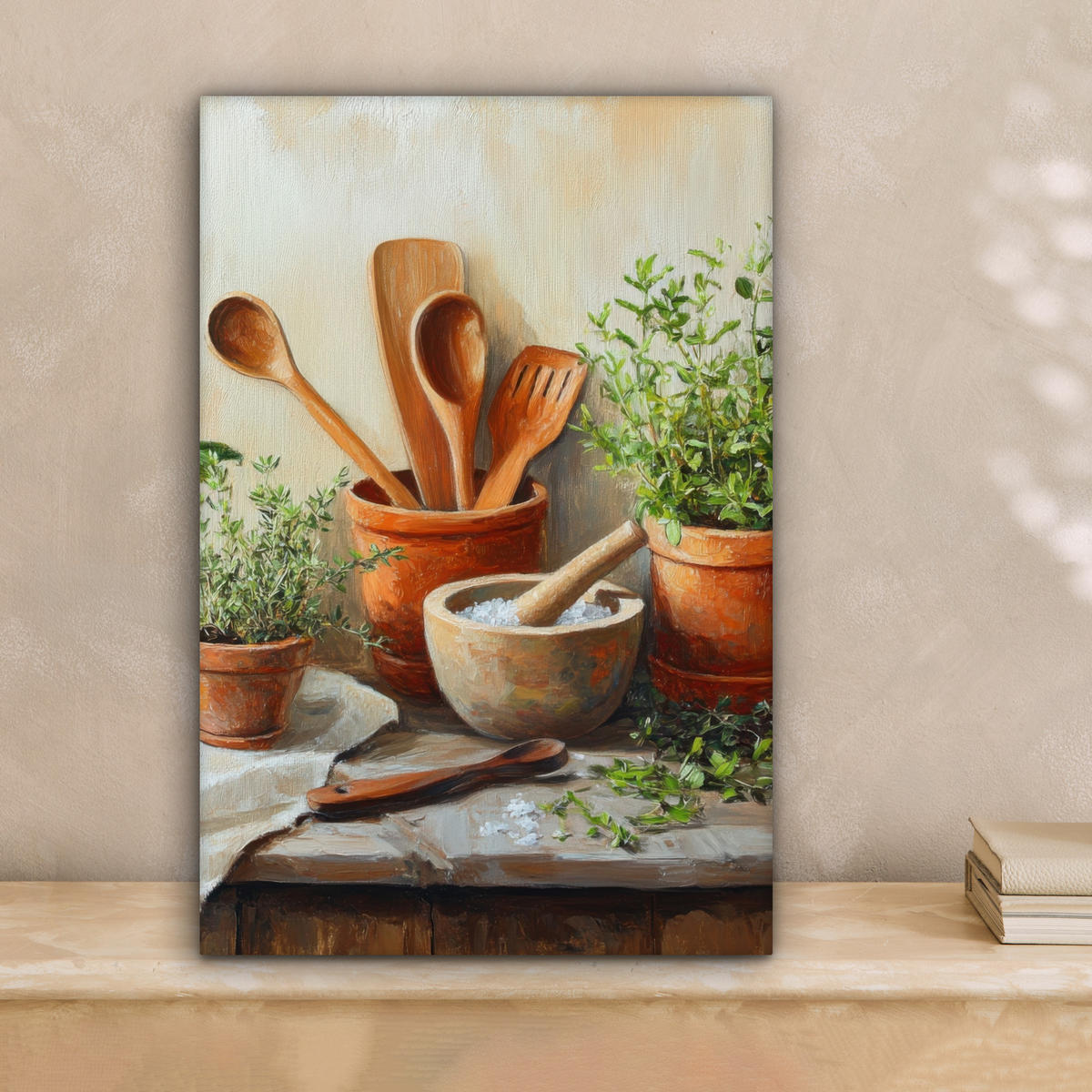 LEINWANDBILD Töpfe - Kräuter - Holz 20x30 cm - Terracotta, Textil (20/30cm) - MuchoWow