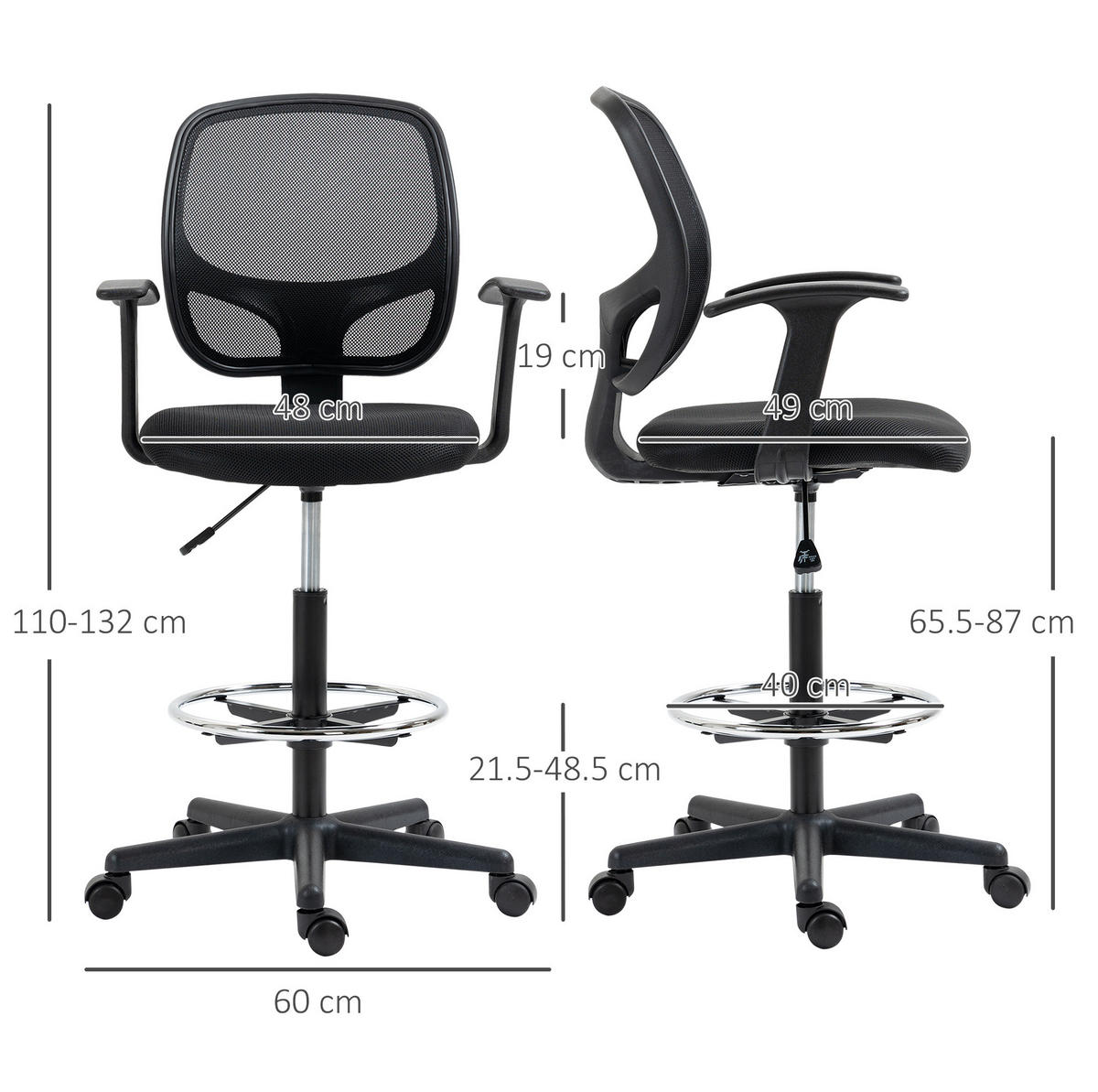 DREHSTUHL 60/56/110-132 cm schwarz aus Schaumstoff höhenverstellbar mit Fußring - Schwarz, Kunststoff (56/132/60cm) - OKWISH