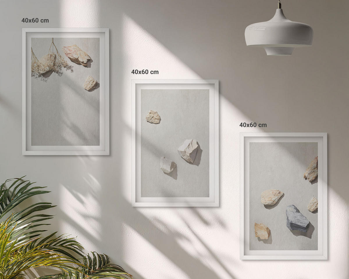 WANDBILDER 3er-Set - 40x60 cm Weißer Rahmen - Boho-Stranddekorationen aus Steinen - Weiß, Kunststoff (40/60cm) - ArtPrintCave