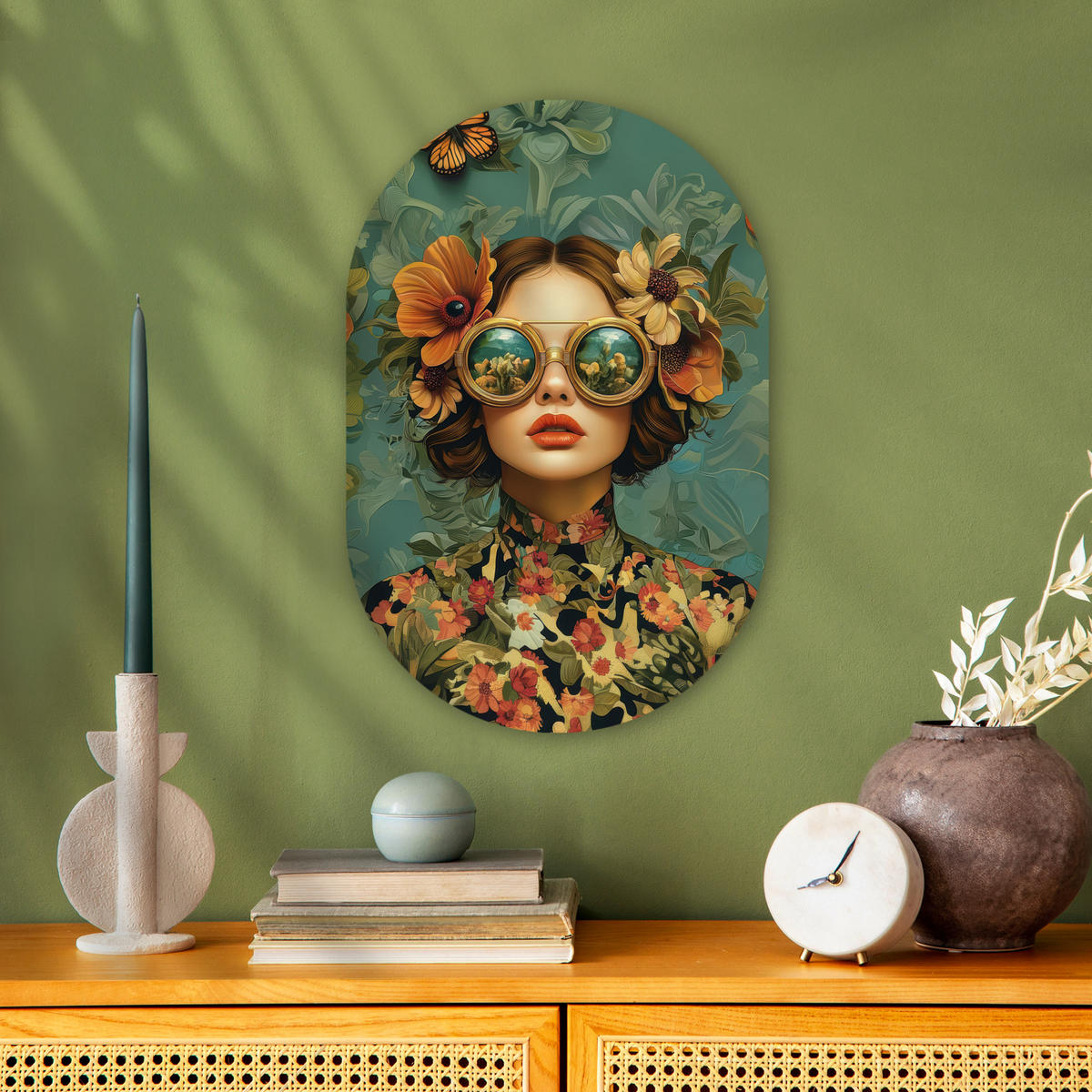 WANDBILD Frau - Blumen - Schmetterlinge - Natur - Vintage 40x60 cm - Petrol, Kunststoff (40/60cm) - MuchoWow