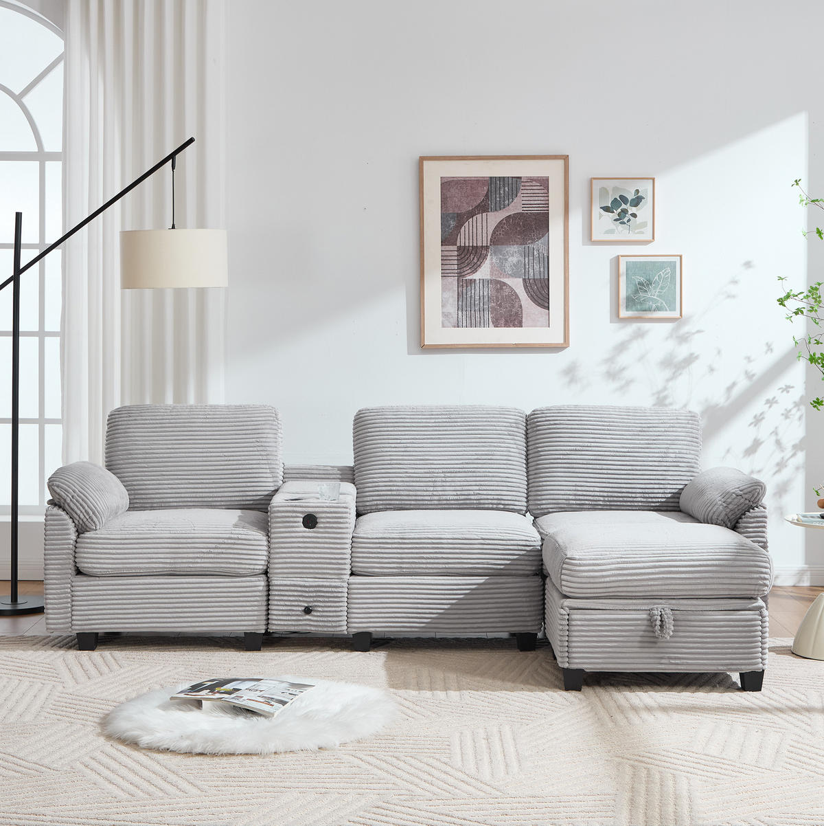 WOHNLANDSCHAFT Cord mit Stauraum und USB-Anschluss 266/136/82 cm Hellgrau - Hellgrau, Textil (136/82/266cm) - Redom