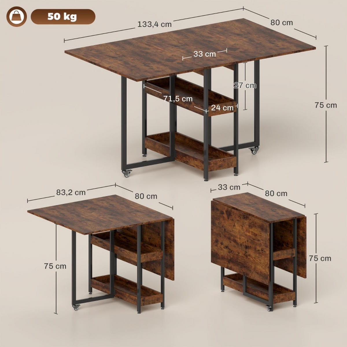 KLAPPTISCH 133,4/80/75 cm mit Ablagen und Rollen – platzsparend für 2–4 Personen - Braun, Holz (133.4/80/75cm) - BEAOK