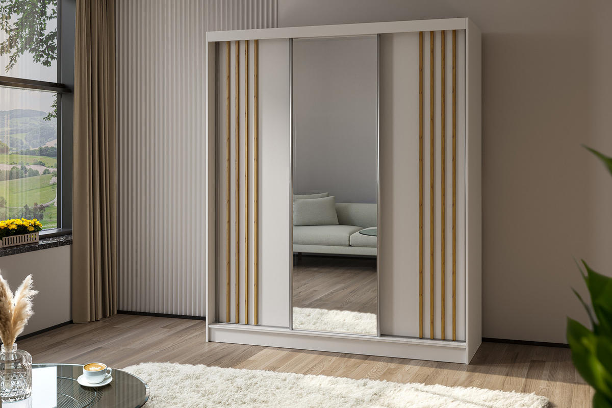 KLEIDERSCHRANK mit Spiegel-Schiebetüren und Aluminium-Leisten - NALLA - 180 cm Weiß+Weiß+Artisan - Weiß/Eiche Artisan, Holzwerkstoff (180/216/61cm) - ALTDECOR