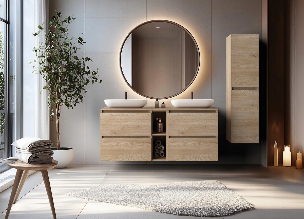 WASCHBECKUNTERSCHRANK SIMPLE 140cm mit Arbeitsplatte und mit einem Regal Eichen Craft - Eiche Artisan, Holz (140/62/46cm) - Rodan