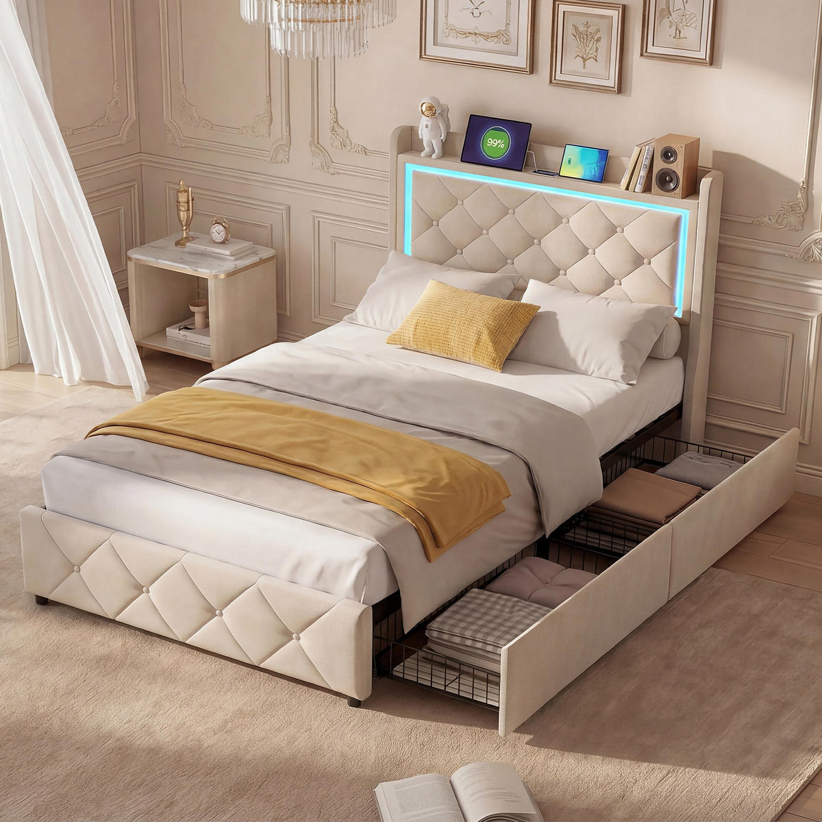POLSTERBETT 90x200cm Funktionsbett mit LED-Beleuchtung und Stauraum – Samt Beige - Beige, Textil (90/200cm) - DELFA