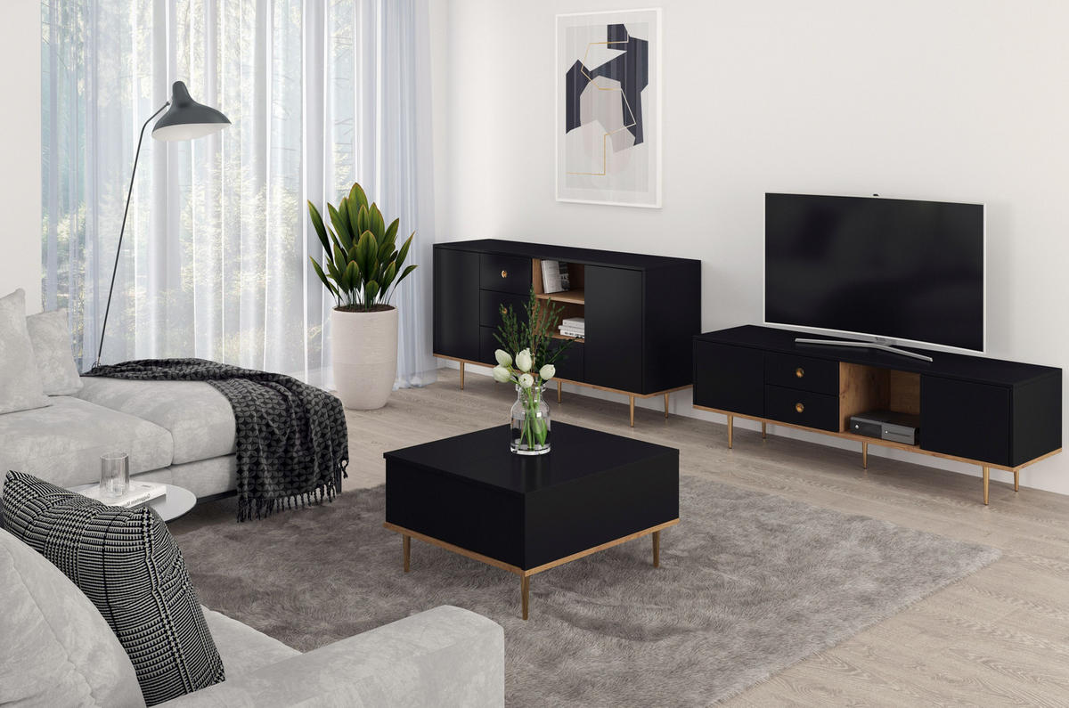 COUCHTISCH Harmoni, Höhenverstellbarer, Schwarz, Goldenen Details - Goldfarben/Schwarz, Holzwerkstoff/Metall (69/75/43cm) - Skandica