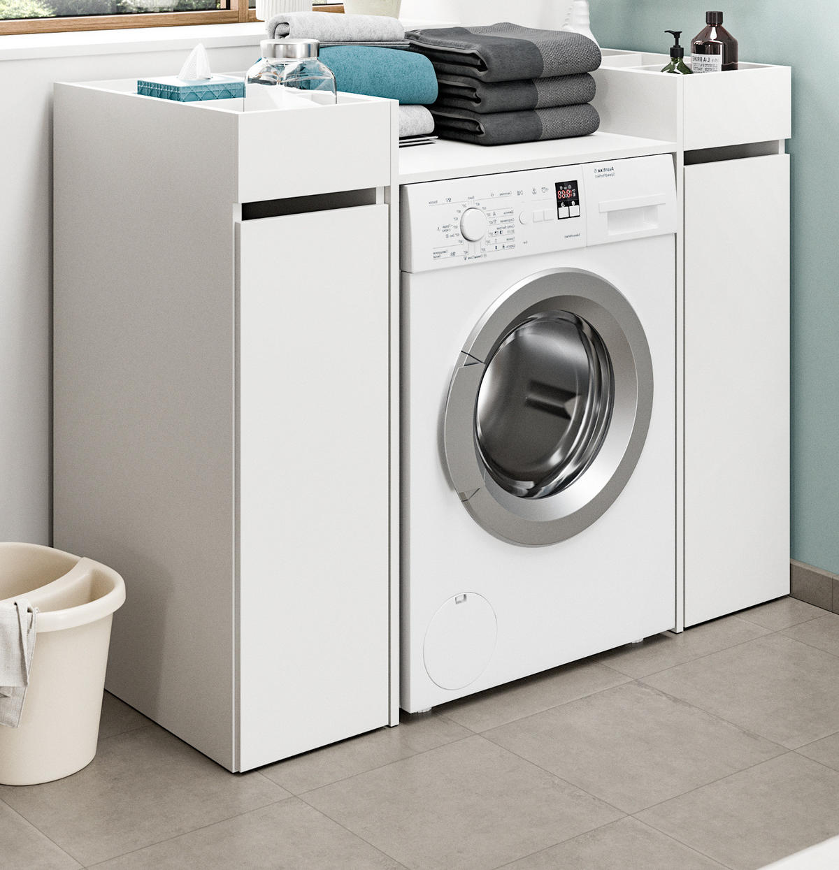 WASCHMASCHINENUMBAU weiß Set 3-teilig, Überbauschrank und Anstellregale 124 x 101 cm - Schwarz/Weiß, Holzwerkstoff/Kunststoff (124/101/60cm) - Inn.Furn