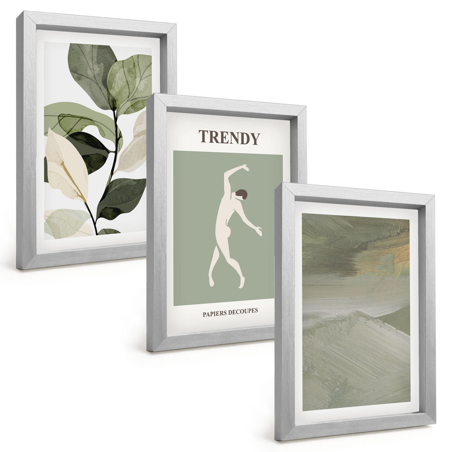 BILDER SET 3er Set - 20x30 cm Silberner Rahmen - Abstrakte Pflanzensilhouettenmuster - Silberfarben, Kunststoff (20/30cm) - TULUP