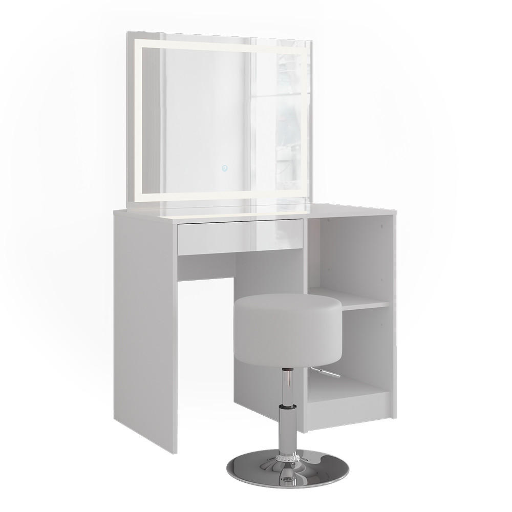 MASUTA DE TOALETA Sherry, Alb/Alb lucios ridicat, 89.8 cm cu oglinda LED si taburet