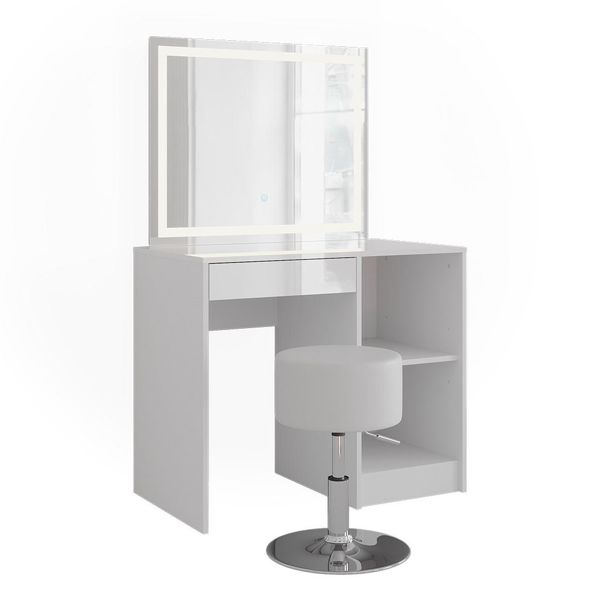 SCHMINKTISCH Sherry Weiß/Weiß Hochglanz 89.8 cm mit LED-Spiegel und Hocker - Weiß Hochglanz, Holzwerkstoff (89.8/76/50.1cm) - Vicco