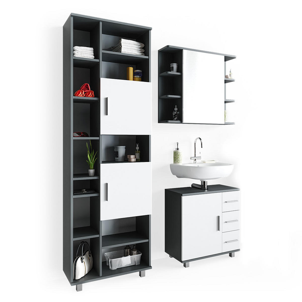 BADMÖBEL-SET Ilias Anthrazit 3 Teile, mit Unterschrank 60 cm - Anthrazit/Weiß, Holzwerkstoff (60/60.8/33cm) - Vicco