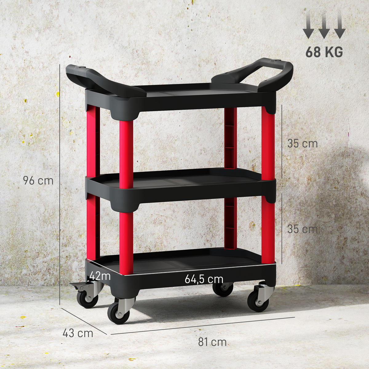 WERKSTATT-ROLLWAGEN mit 3 Ebenen Werkstattwagen mit Griff für Garage Schwarz - Schwarz, Kunststoff (43/96/81cm) - HOMCOM