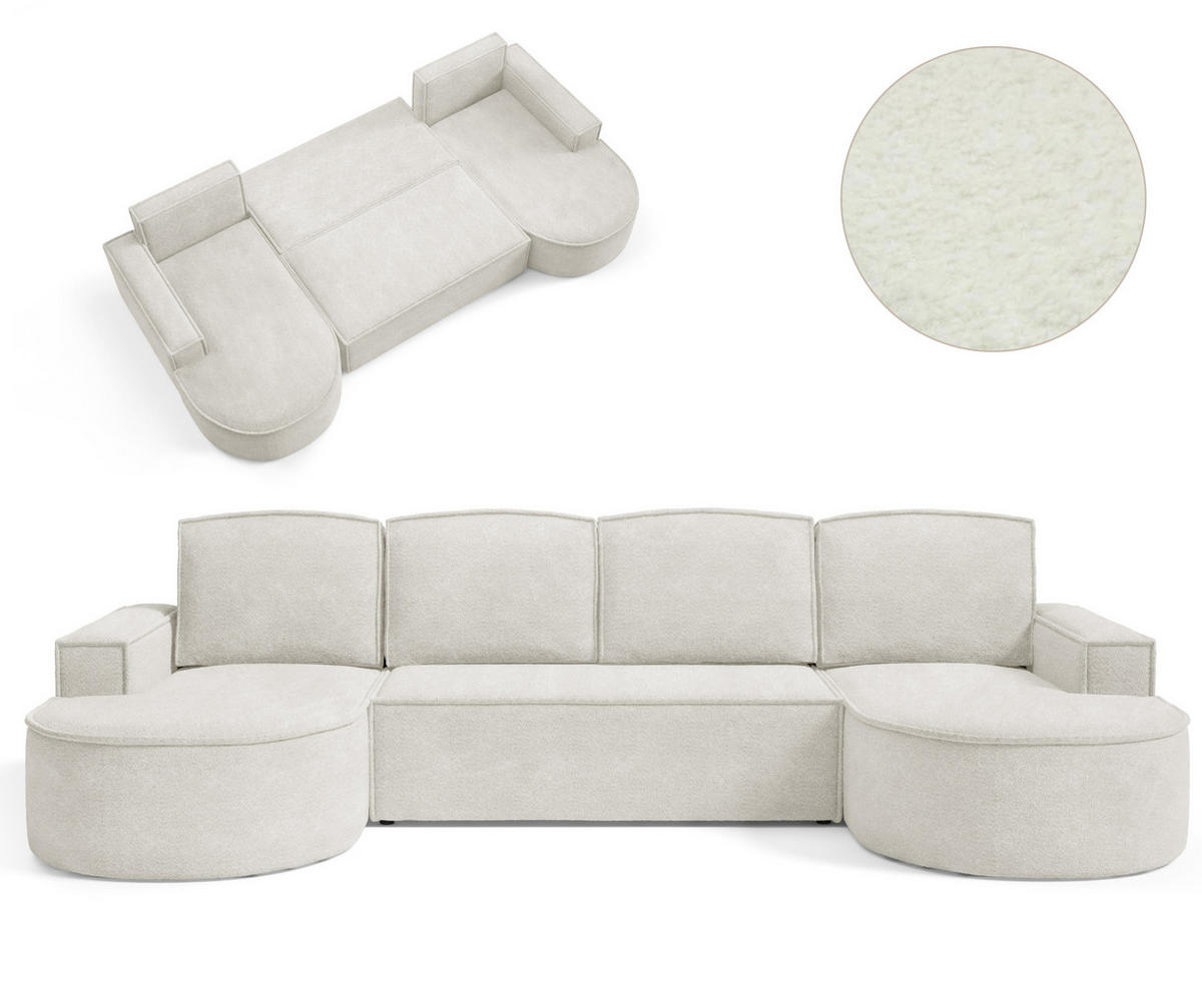 ECKSOFA MOLLY U Freistehendes, mit Schlaffunktion, 140x273cm, Bettkasten und Abnehmbaren Kissen – 316x157x88cm, Abriamo Stoff, Weiß - Weiß, Holz/Textil (316/157cm) - DomoHome