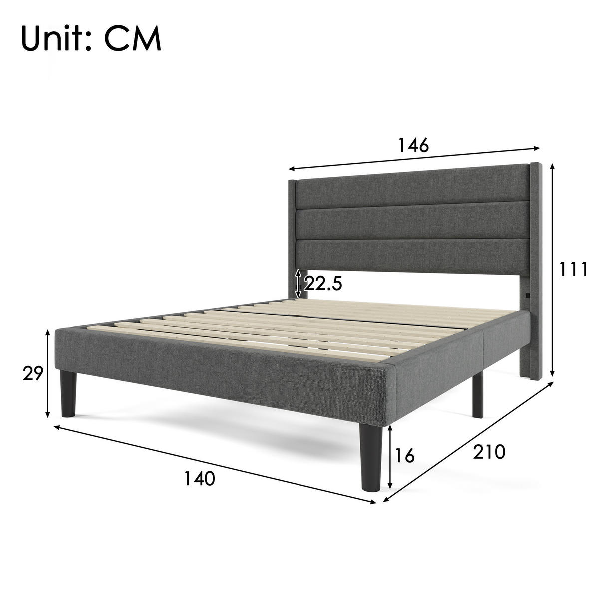 POLSTERBETT 140/200 cm dunkelgrau aus Leinen mit Matratze - Dunkelgrau, Textil (140/200cm) - OKMYHOME