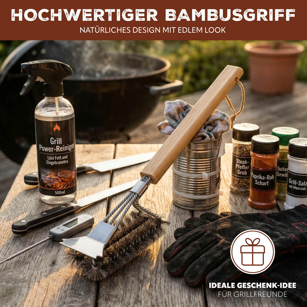 GRILLBÜRSTE, Edelstahl, Bambus - Edelstahlfarben, Metall (40cm) - eluno