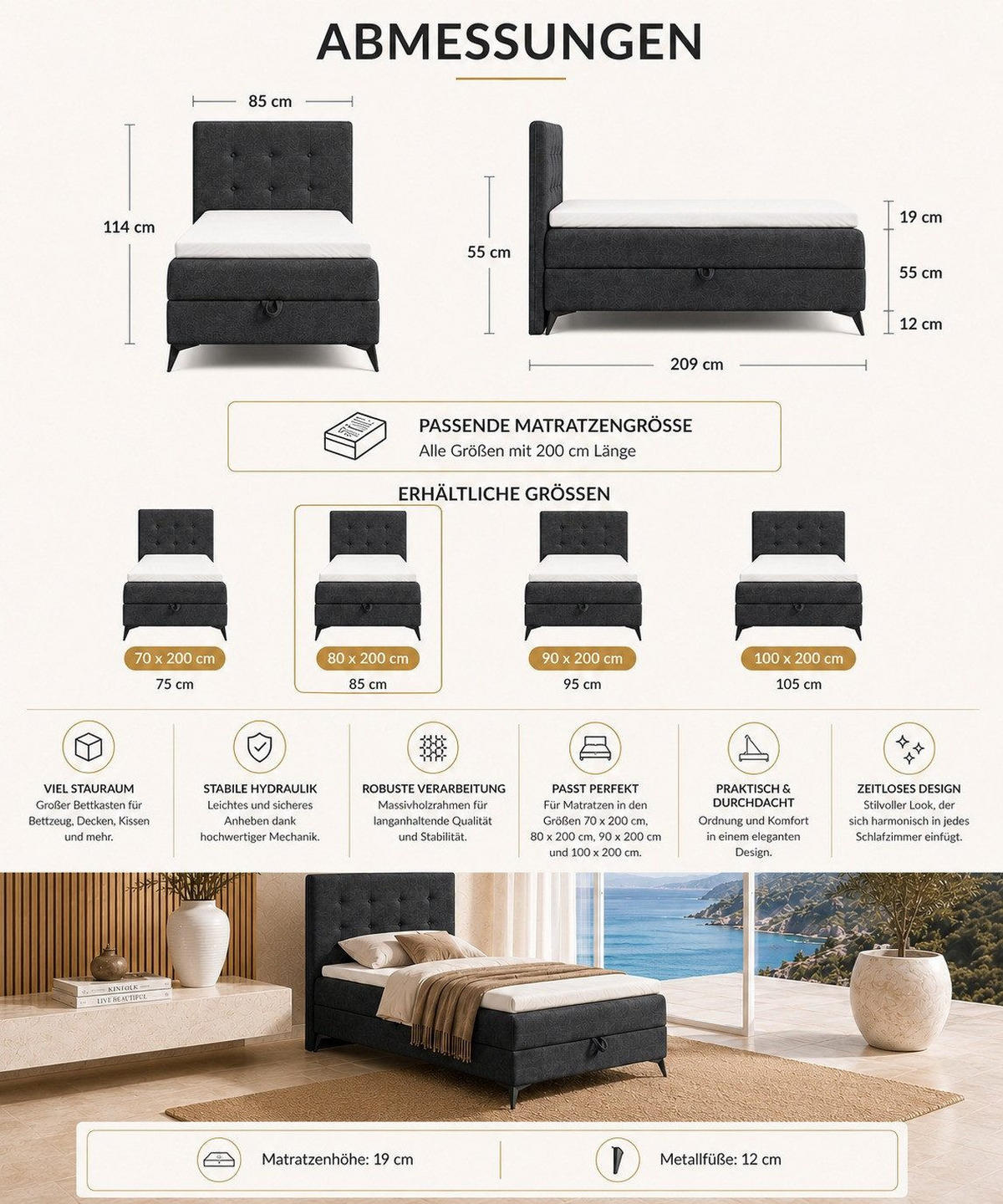 BOXBETT K15 Single SLIM mit Bettkasten & Bonell-Federkern ohne Topper - Schwarz, Holz/Textil (200/80cm) - Best For Home