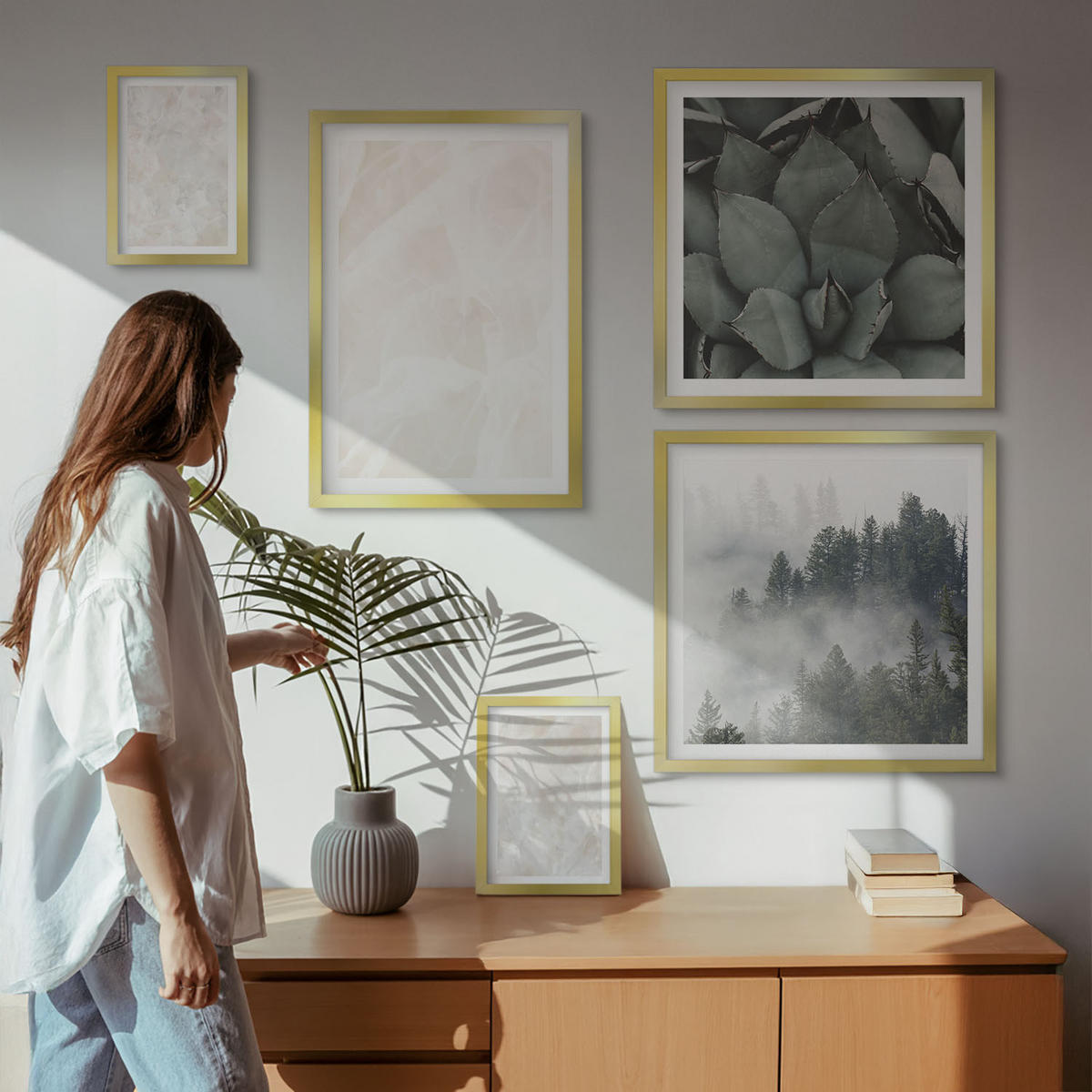WANDBILDER 5er Set - 50x50 cm & 20x30 cm & 40x60 cm Goldrahmen - Steinpastellmarmor - Goldfarben, Kunststoff (40/60cm) - ArtPrintCave