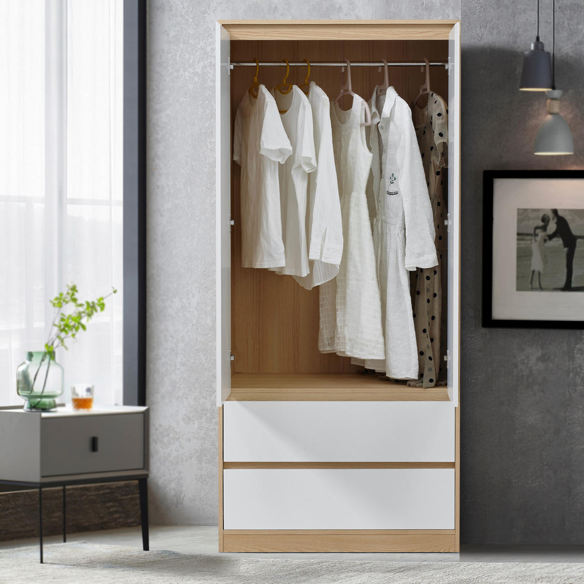 KLEIDERSCHRANK Bastheim - Eichefarben/Weiß, Holzwerkstoff (80/176/52cm) - [en.casa]
