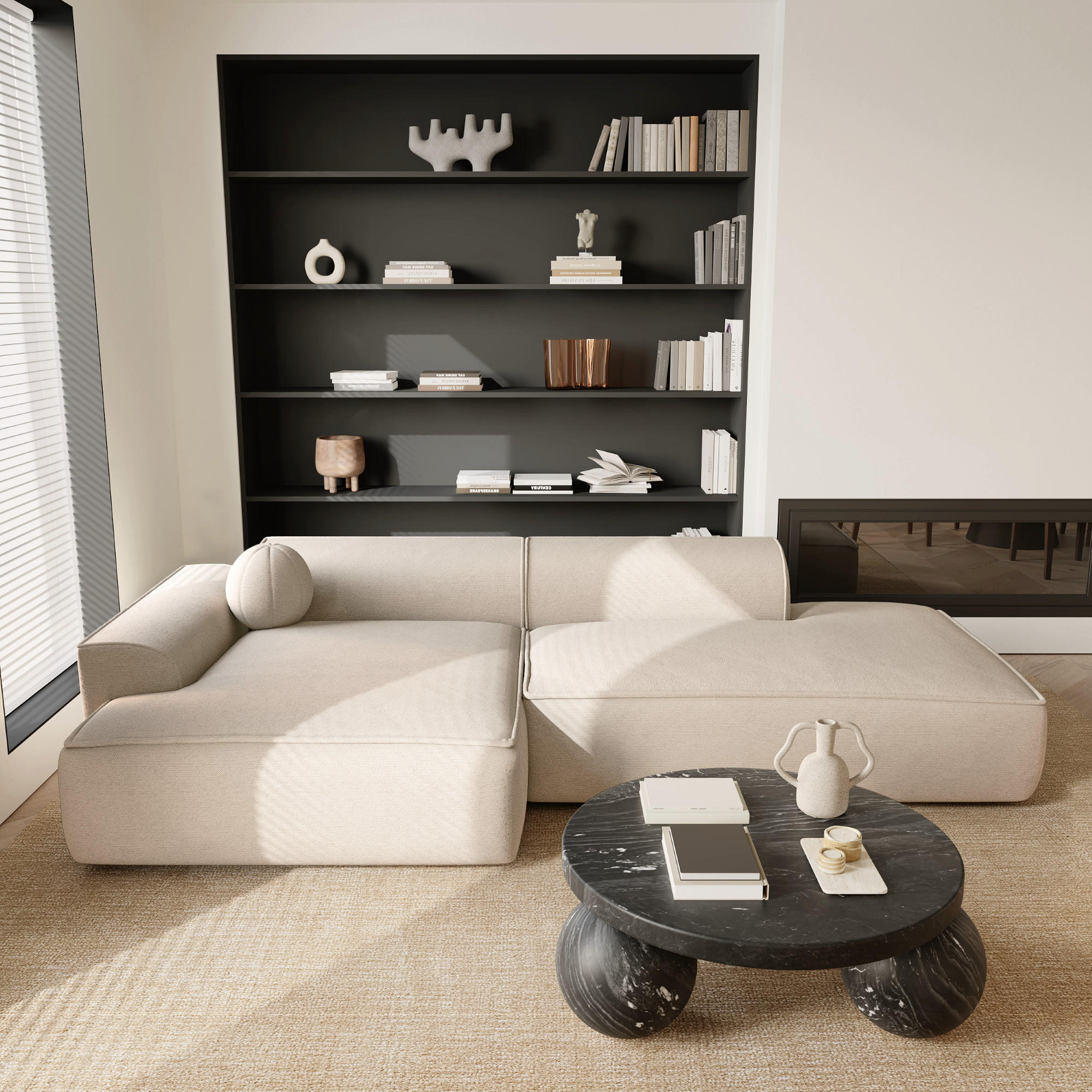 ECKSOFA LINKS Rastergewebe Creme 260cm - Creme, Textil (155/260cm) - Sia Home