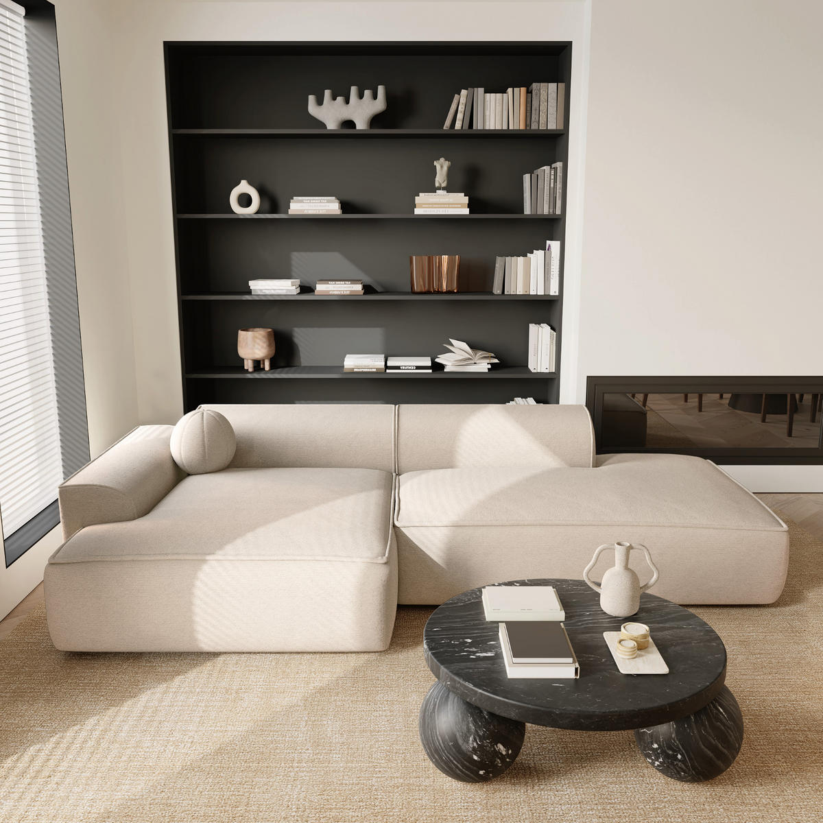 ECKSOFA LINKS Rastergewebe Creme 300cm - Creme, Textil (155/300cm) - Sia Home