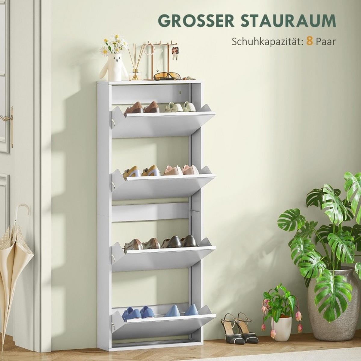SCHUHSCHRANK 55/15/139,5 cm in Weiß mit 4 Klappen aus Metall - Weiß, Metall (55/139/15cm) - Flora Grace