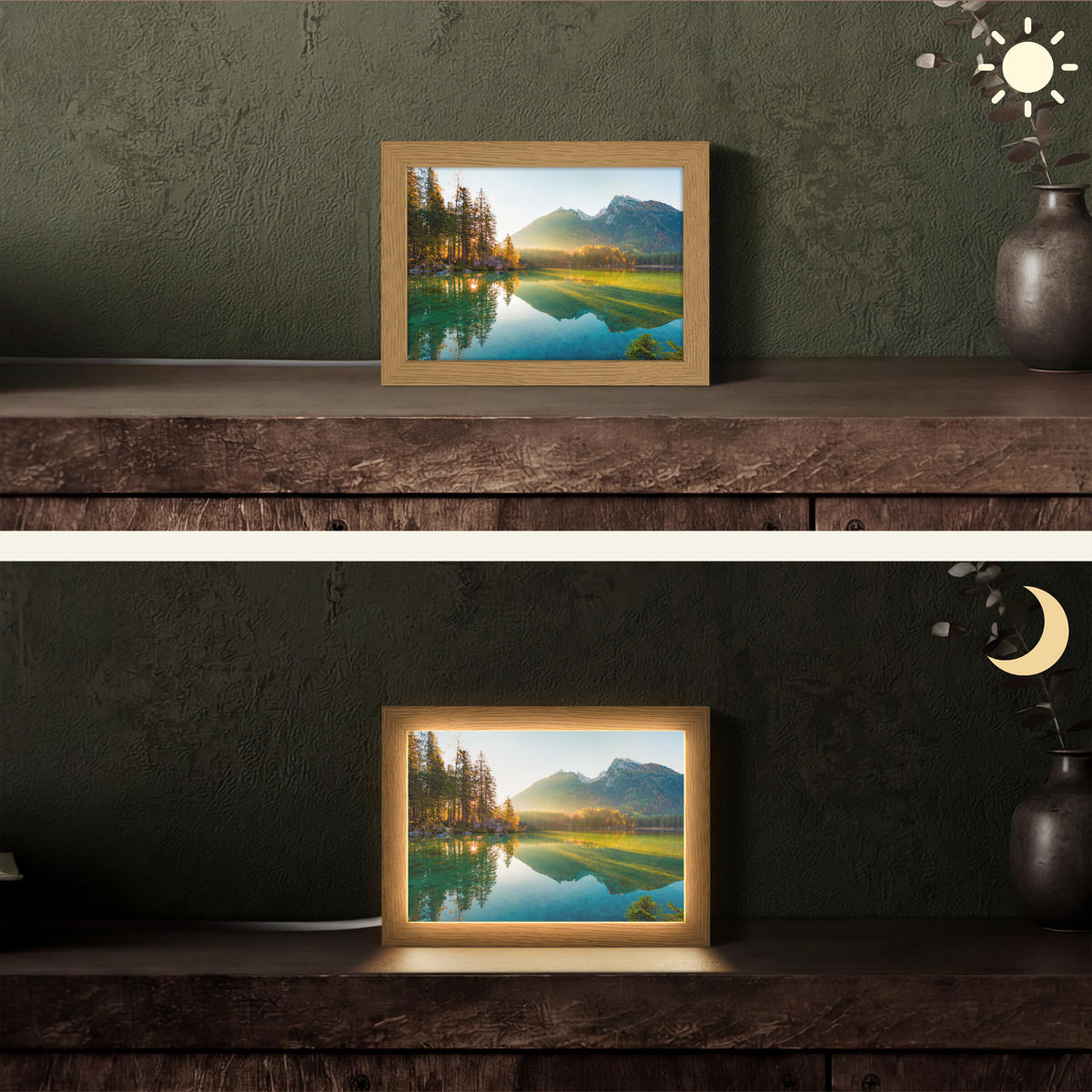 STOLNÍ LAMPA Jezero - Les - Hory - Příroda - Slunce - Krajina 20x15 cm - kari žlutá, kompozitní dřevo (8/20/15cm) - OnlyWow