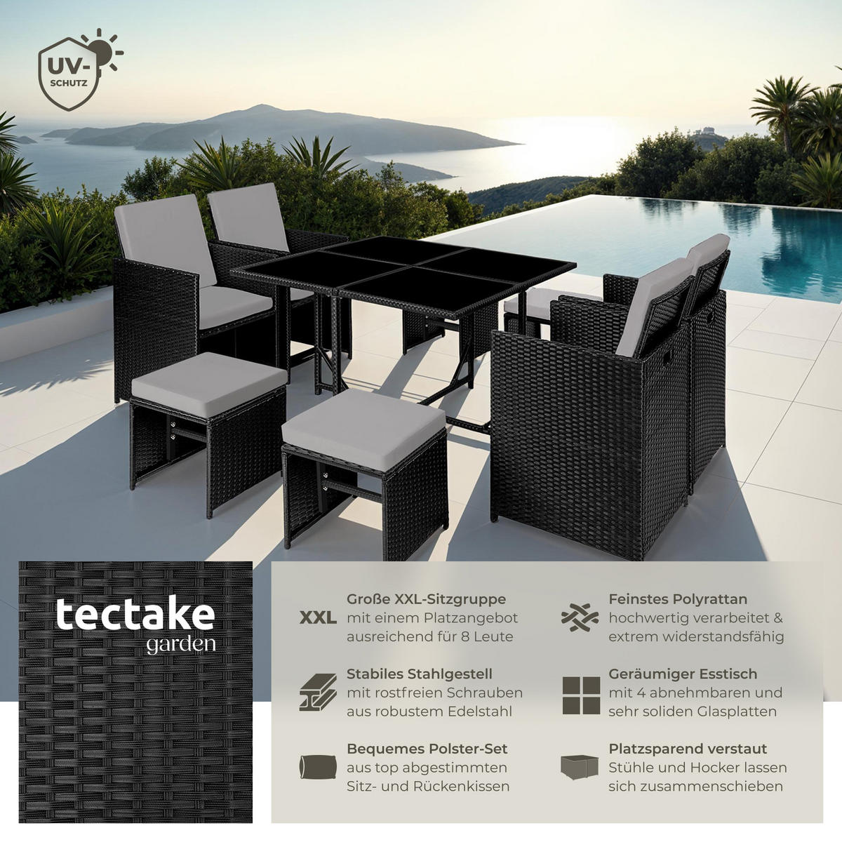 RATTAN SITZGRUPPE Bilbao,zusammenschiebbar, inklusive Schutzhülle,schwarz/grau - Schwarz/Grau, Kunststoff - tectake
