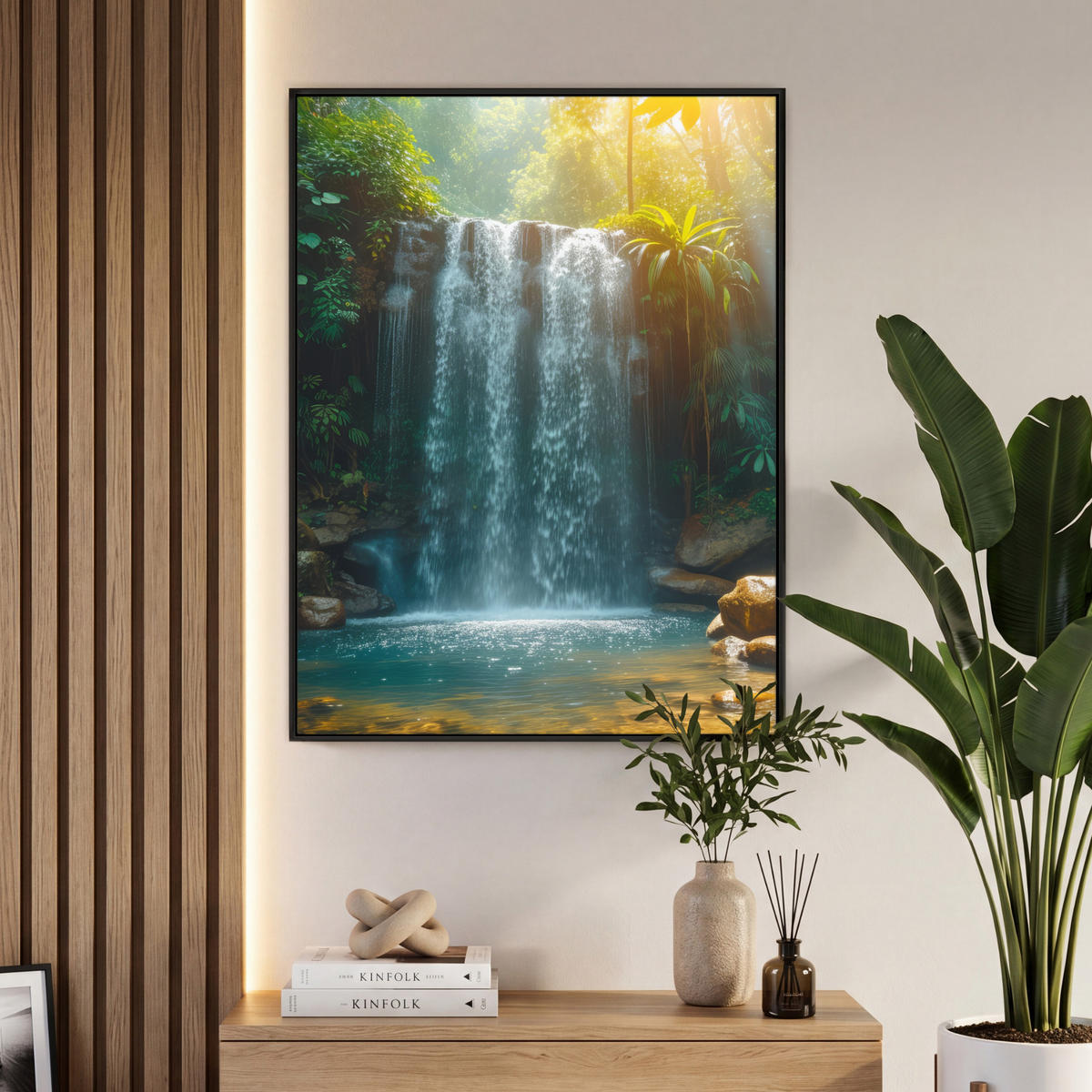 LEINWAND Bilder mit Rahmen - Wasserfall - Dschungel - Sonne - Grün - Natur - 70x100 - Grün, Textil (70/100cm) - MuchoWow