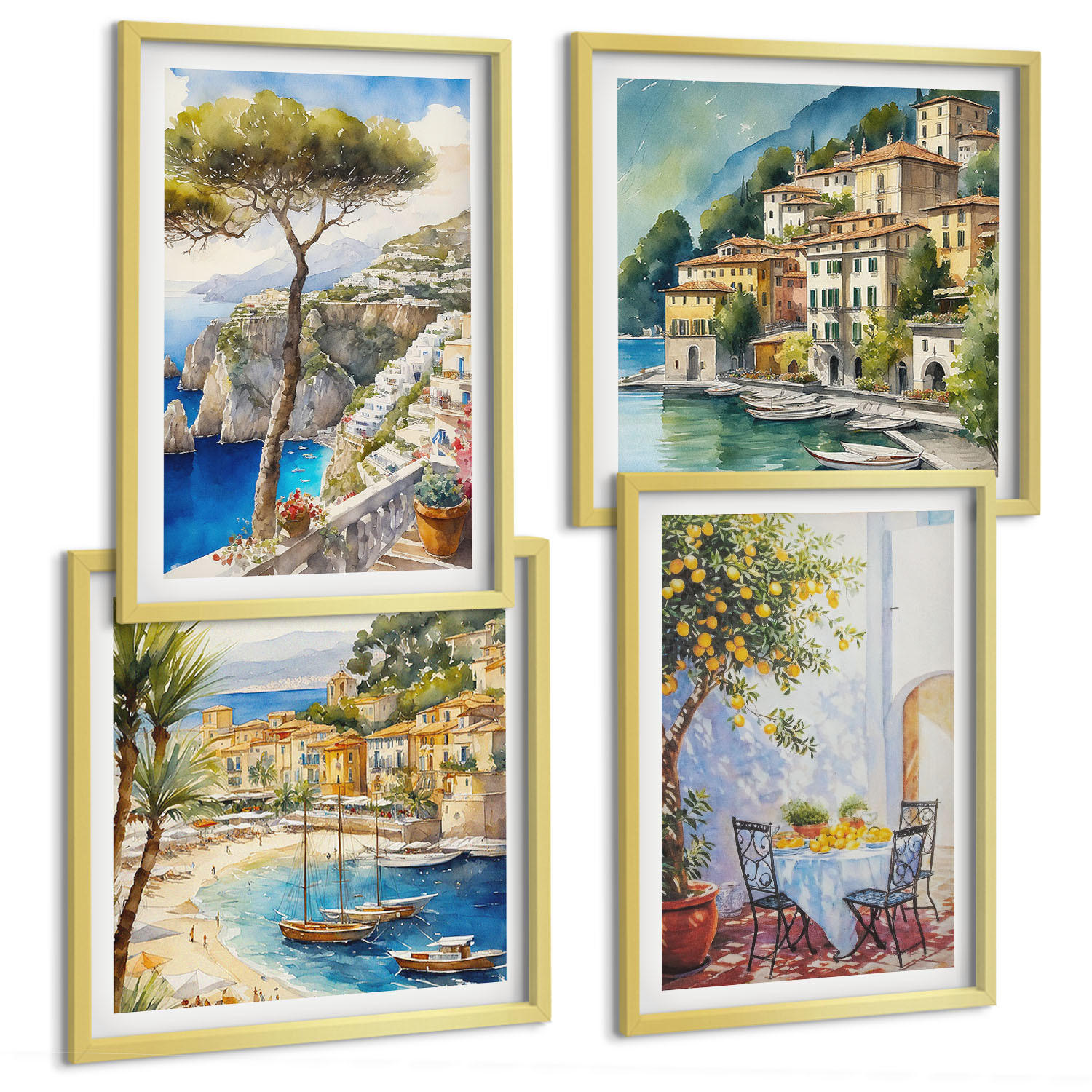 BILDER SET 4er Set - 50x50 cm & 40x60 cm Goldrahmen - Italienische Städte (Aquarell) - Goldfarben, Kunststoff (50/50cm) - TULUP
