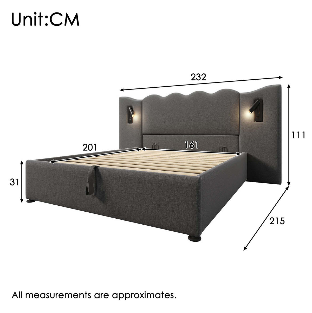 BETT mit Stauraum, Leselampe und Matratze 160x200 cm Leinen Grey - Grau, Metall (160/200cm) - Meubliv