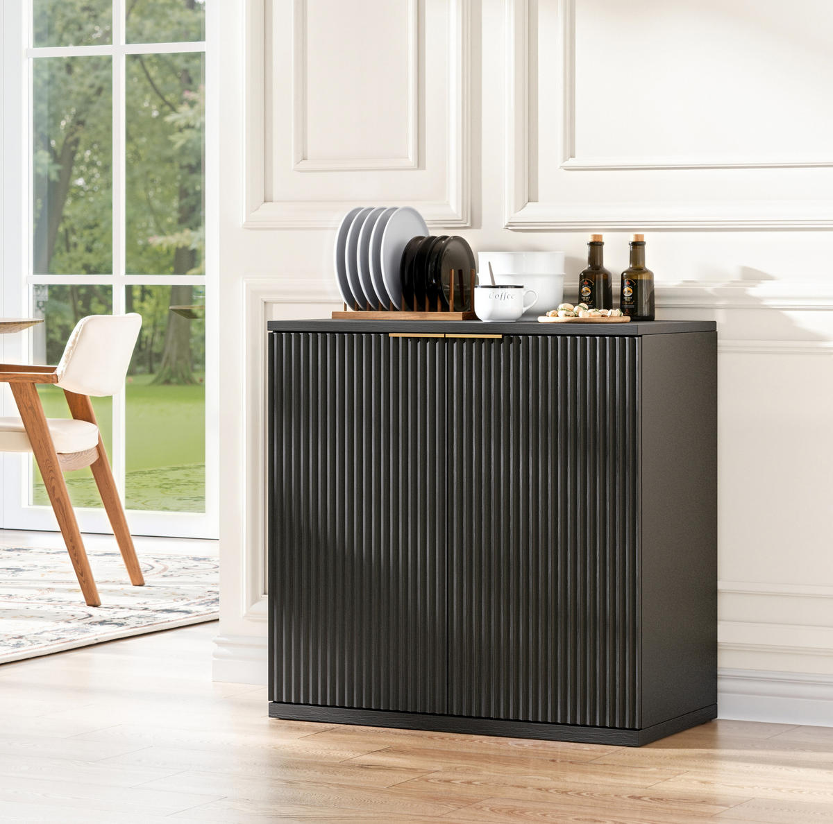 SIDEBOARD 80/40/80 cm in Schwarz matt mit 2 Türen & geriffelter Front - Schwarz, Holzwerkstoff (80/80/40cm) - BEAOK